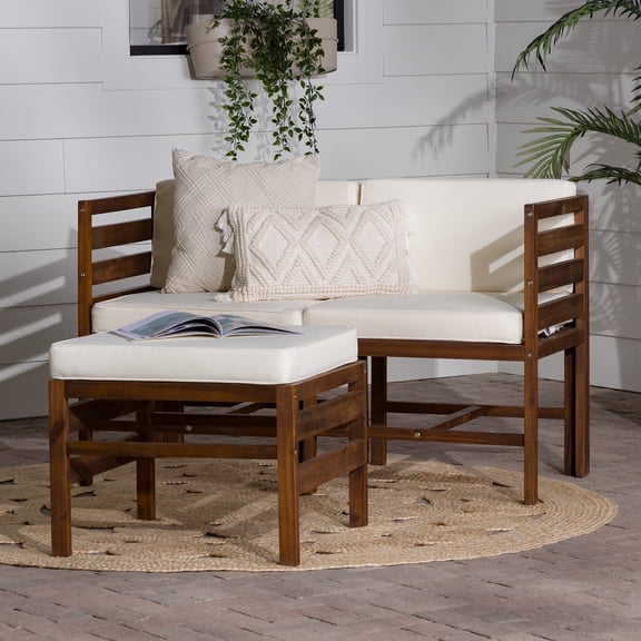 Walker Edison Modular Outdoor Acacia L/R Chairs + Ottoman - Dark Brown