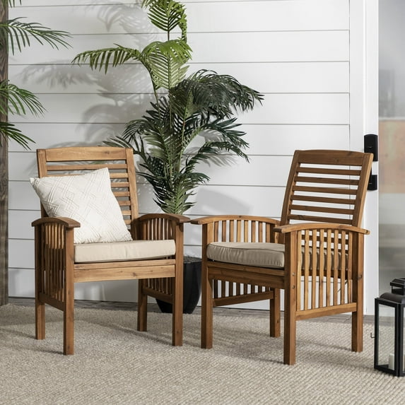 Walker Edison Outdoor Dining Chair - Acacia Wood - Set of 2 - Cushioned - Beige and Brown