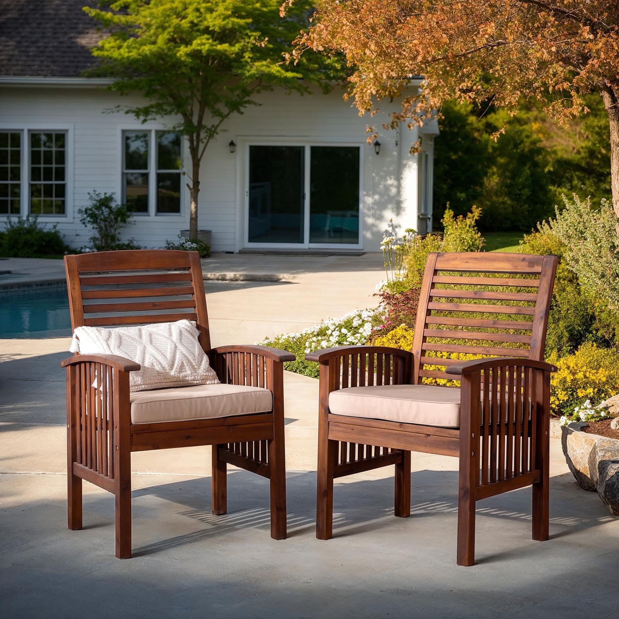 Walker Edison Outdoor Dining Chair - Acacia Wood - Set of 2 - Has Arms - Dark Brown