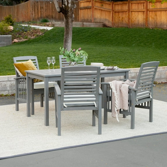 Modern 5-Piece Slat-Top Solid Acacia Wood Outdoor Dining Set - Grey Wash