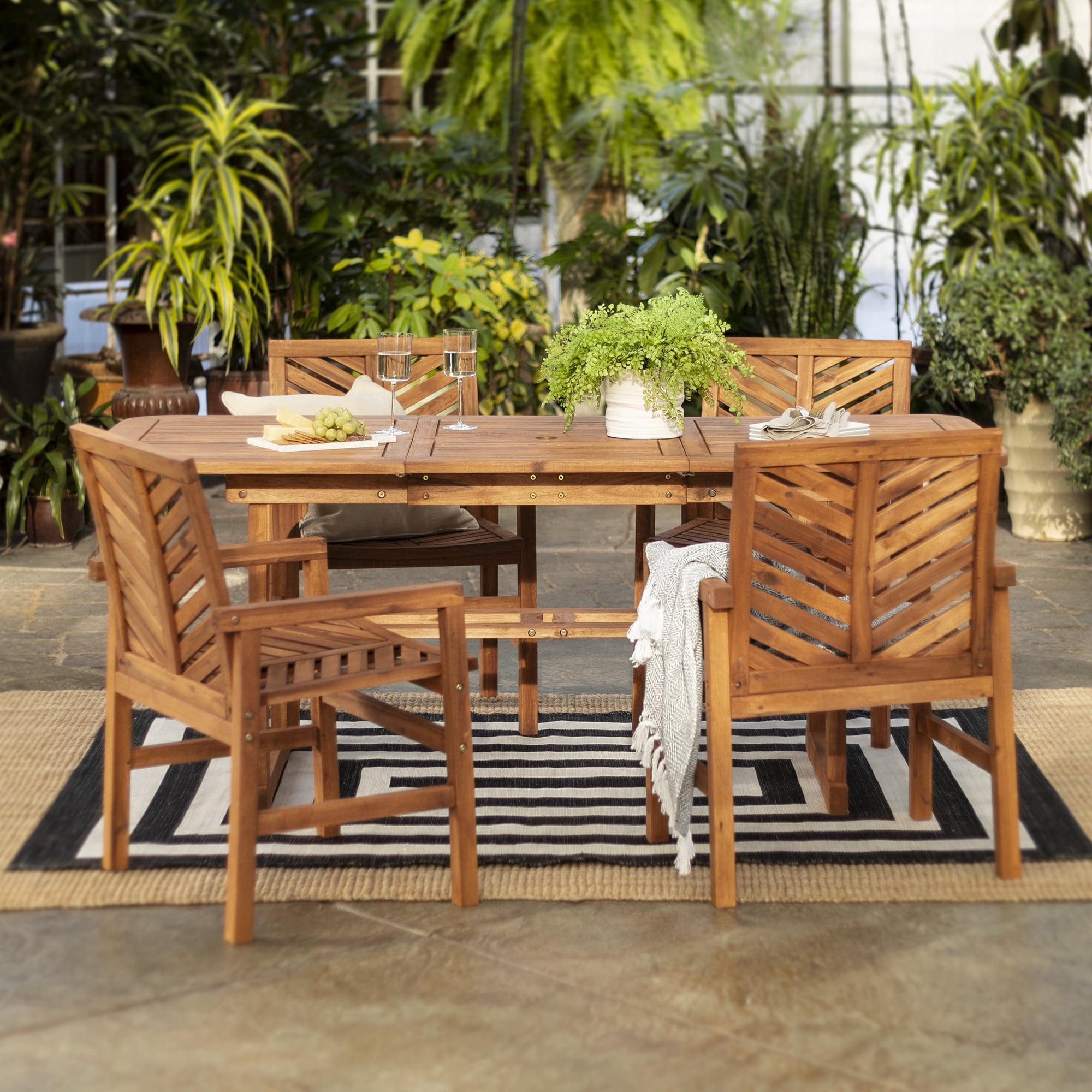 Modern 5-Piece Slat-Top Solid Acacia Wood Extendable Dining Set - Brown