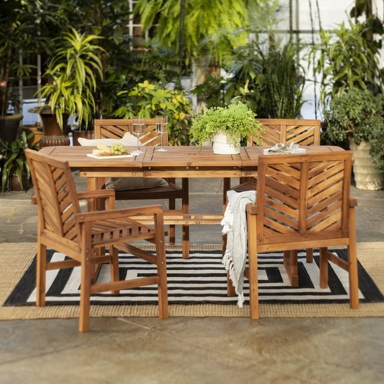 Modern 5-Piece Slat-Top Solid Acacia Wood Extendable Dining Set