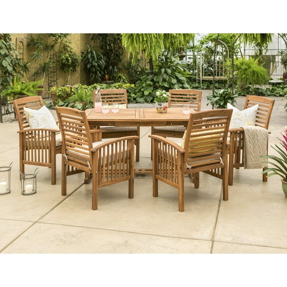 Modern 7-Piece Slat-Back Solid Acacia Wood Outdoor Dining Set with Cushions - Brown