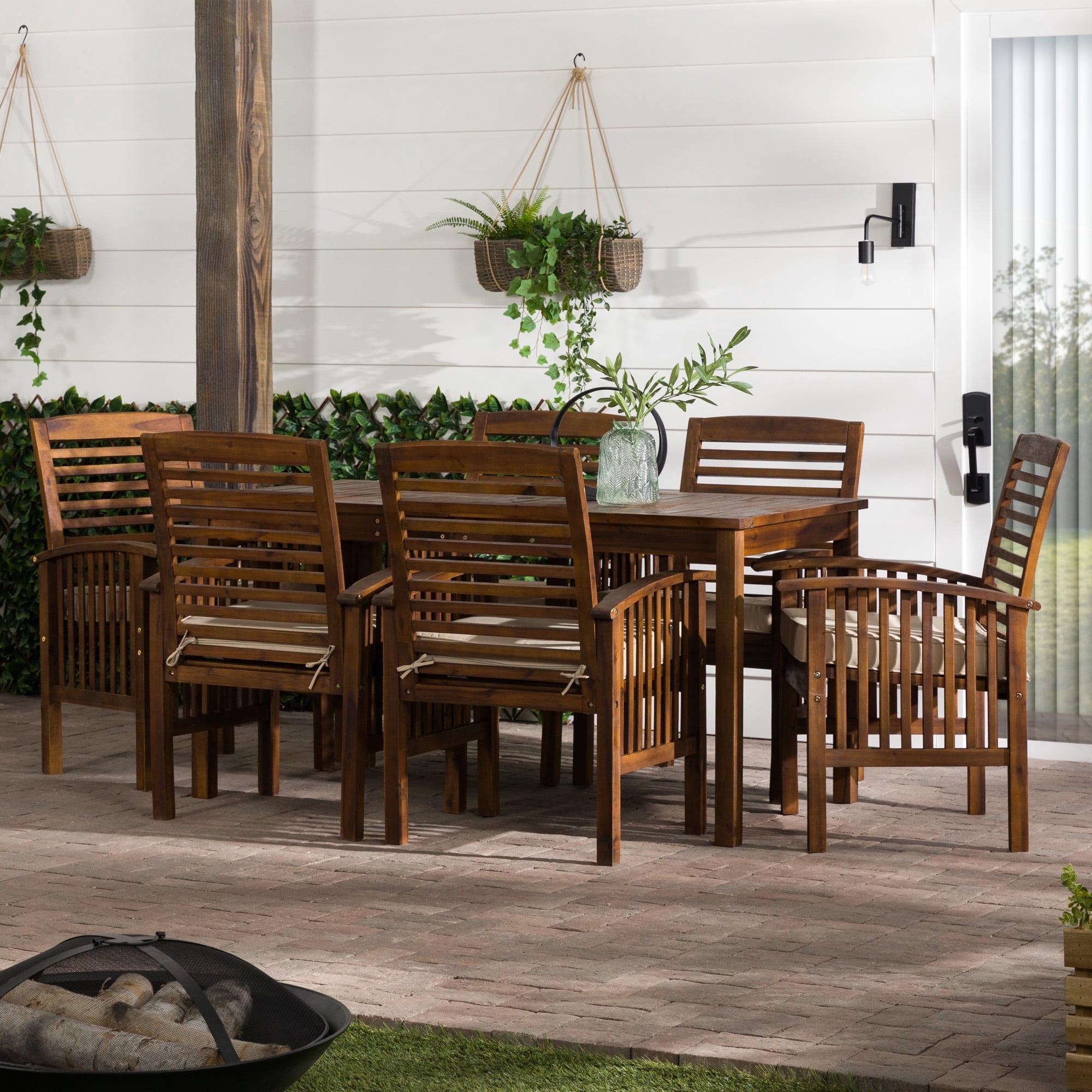 Modern 7-Piece Solid Acacia Wood Outdoor Dining Set with Cushions - Dark Brown