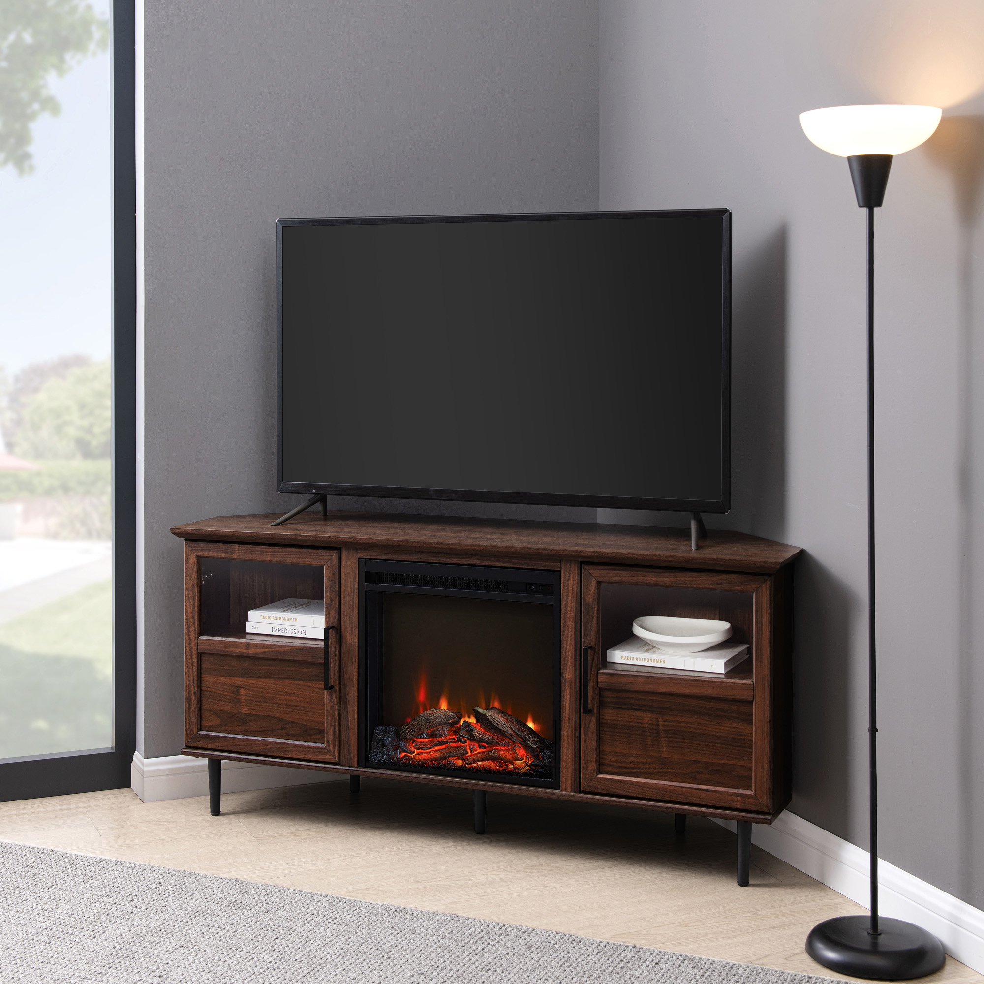 Walker Edison Panel Electric Fireplace Corner TV Stand for TVs up to 60”, Dark Walnut - image 1 of 11