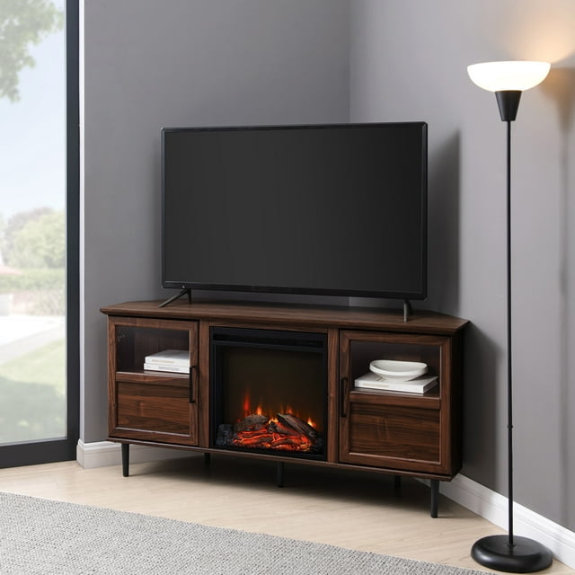 Walker Edison Panel Electric Fireplace Corner TV Stand for TVs up to 60”, Dark Walnut