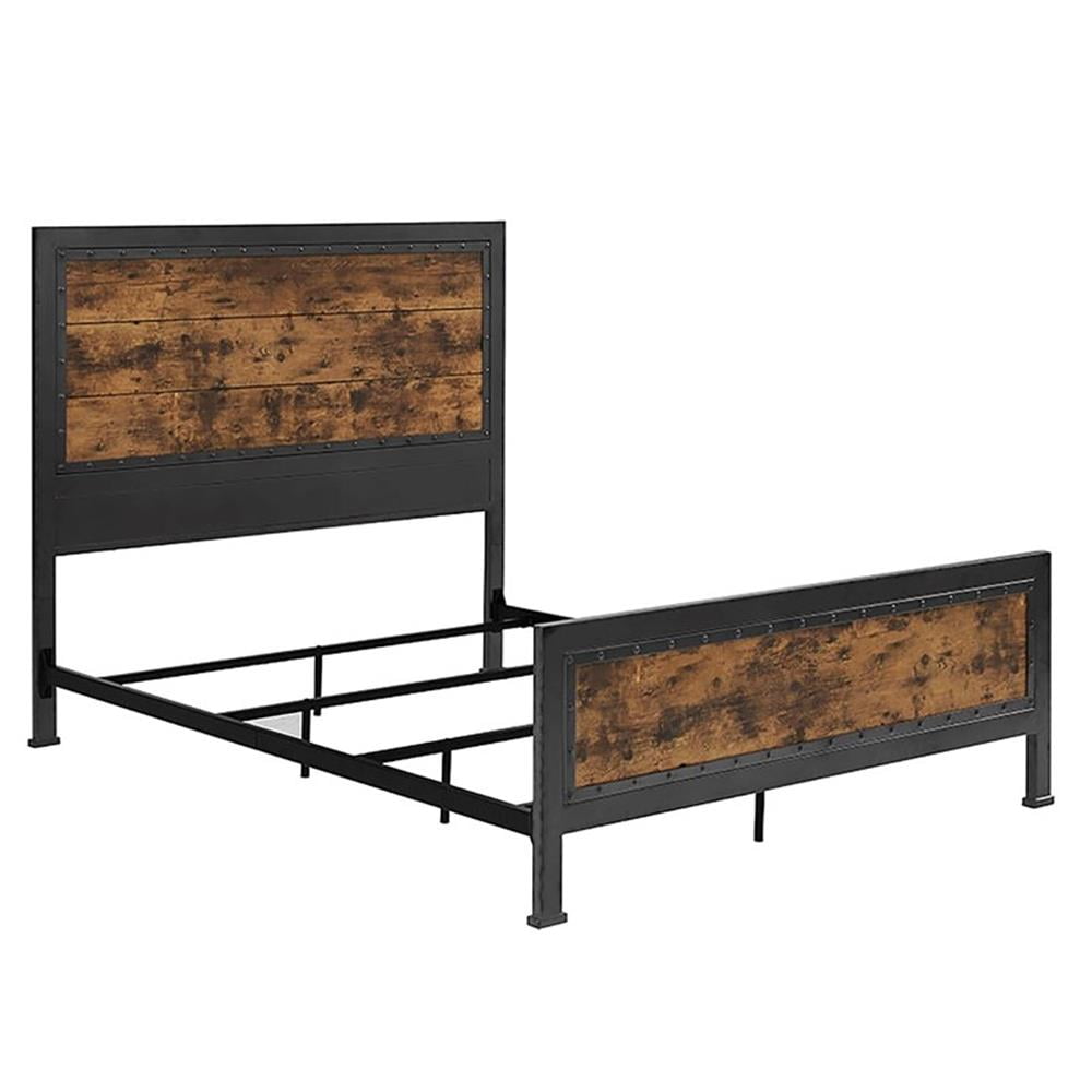 Rustic Industrial Queen Bed with Wood Headboard and Nailhead Trim
