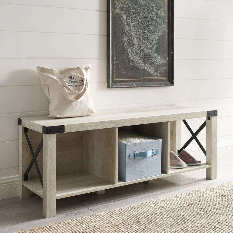 Walker Edison Rustic Farmhouse Metal X Entryway Storage Bench