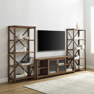 Walker Edison Rustic Industrial 3 Piece Entertainment Fireplace Wall Set, Barnwood