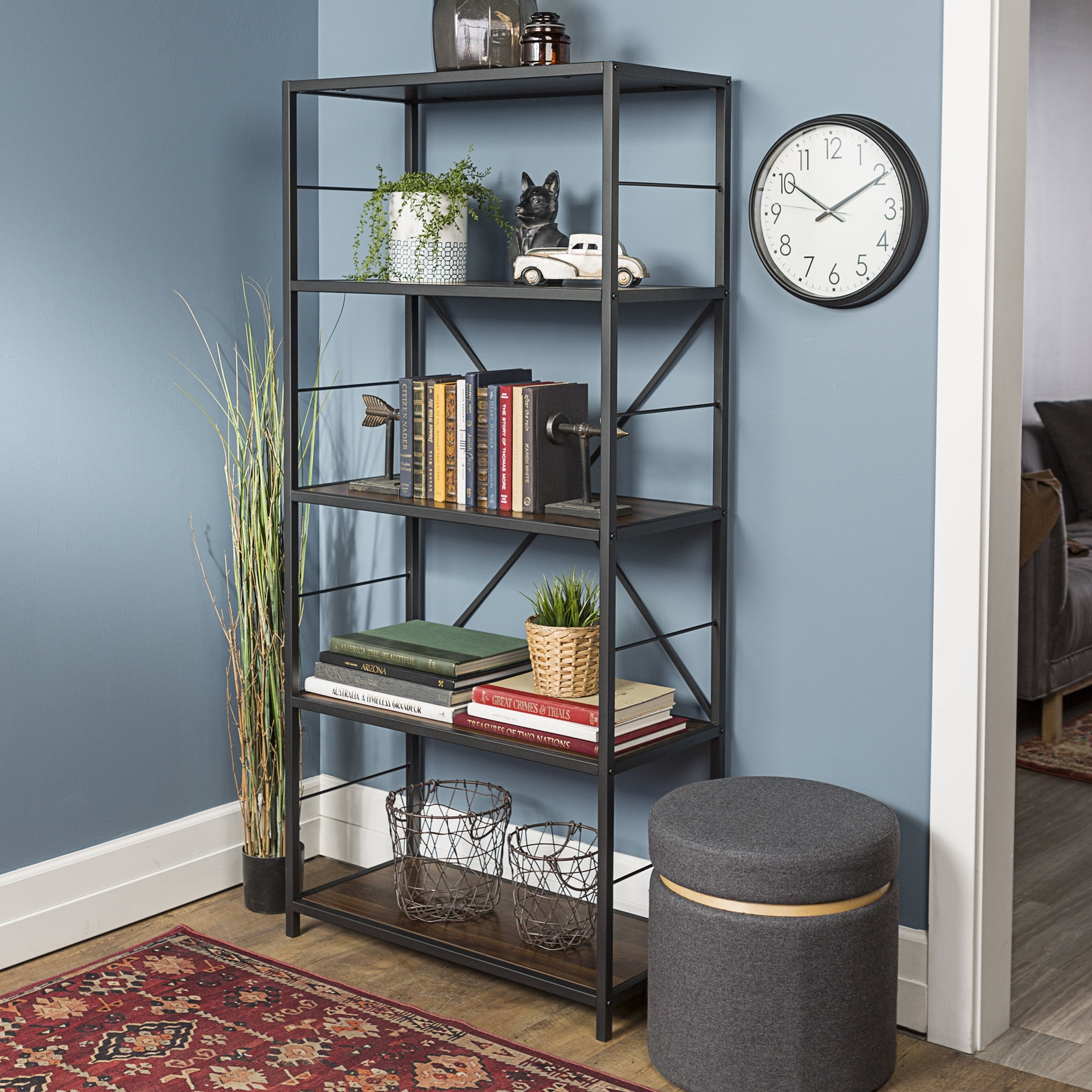 Walker Edison Rustic Metal and Media Bookshelf Bookcase, Dark Walnut