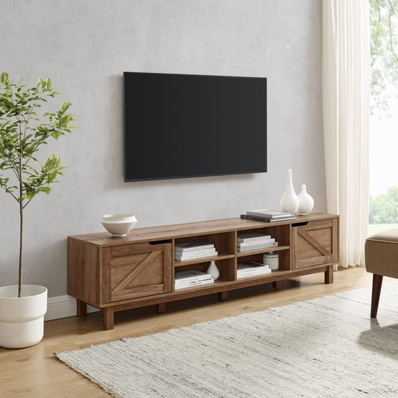 Walker Edison Rustic Open and Closed Storage TV stand for TVs up to 80”, Rustic Oak