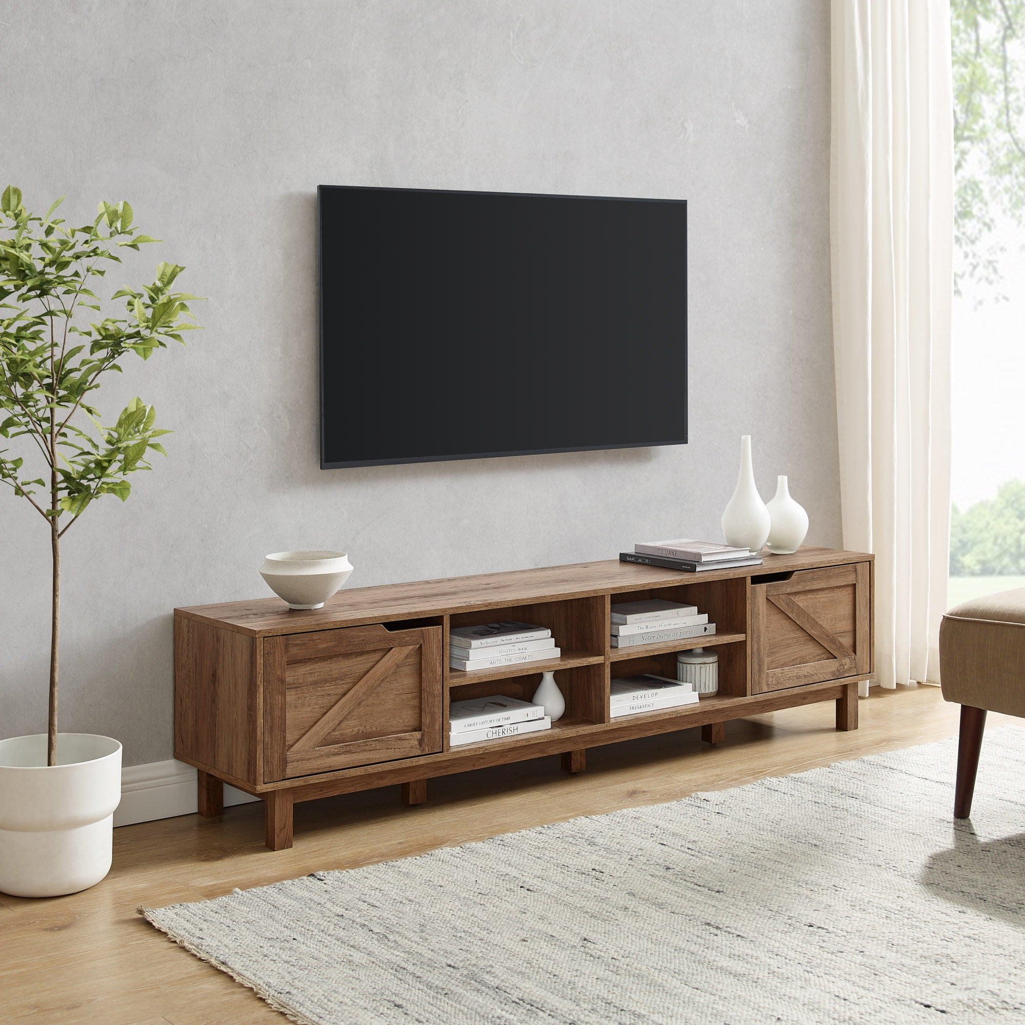 Rustic Oak 70" Barn-Door TV Stand with Storage