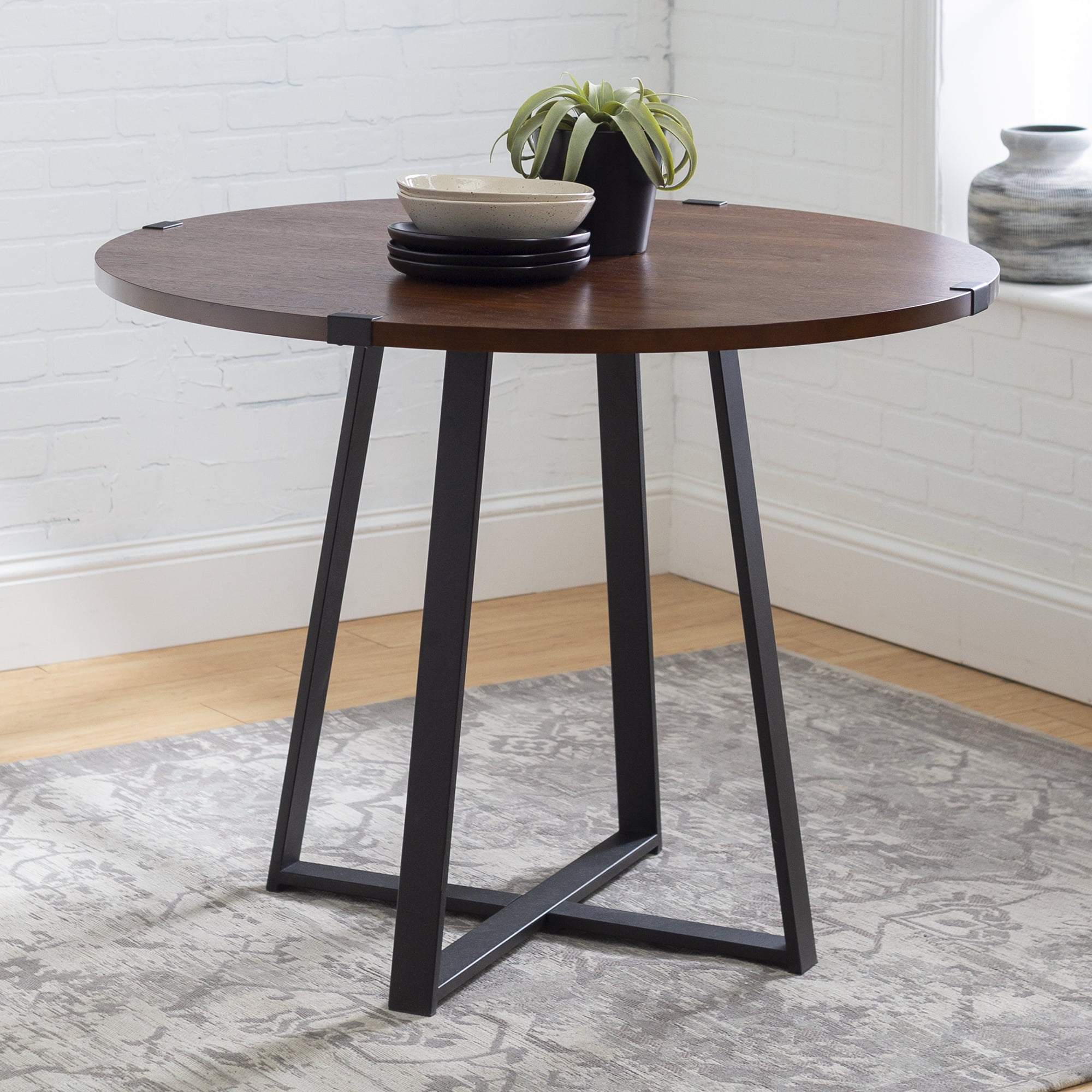 Walker Edison Rustic Round Dining Table, Dark Walnut/Black - Walmart.com