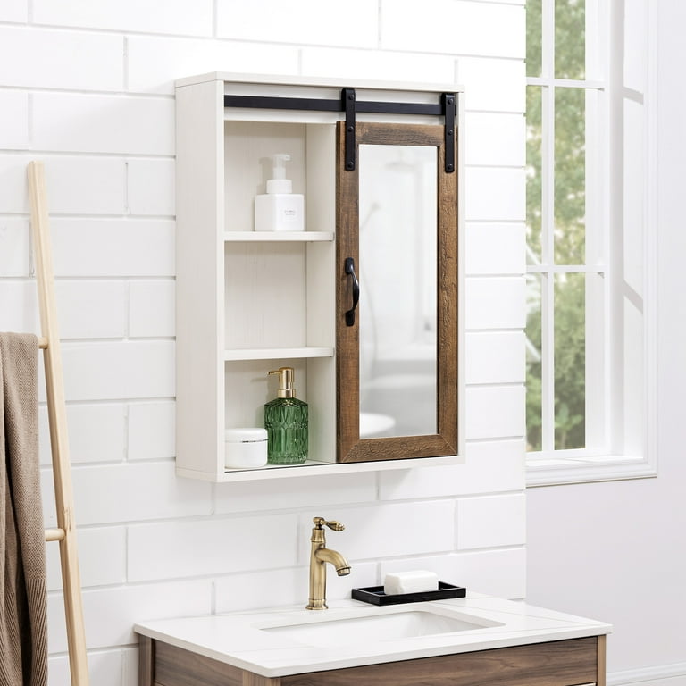 Sliding barn door medicine 2024 cabinet with mirror