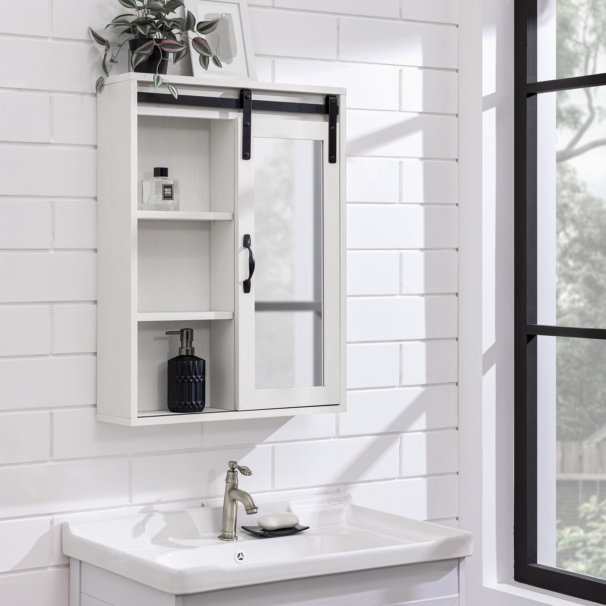 Walker Edison Rustic Sliding Barn Door with Mirror Cabinet Brushed White Walmart Business Supplies