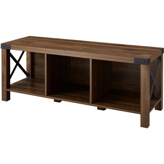 Farmhouse X-Metal 3-Open Cubbies Storage Entry Bench in Dark Walnut
