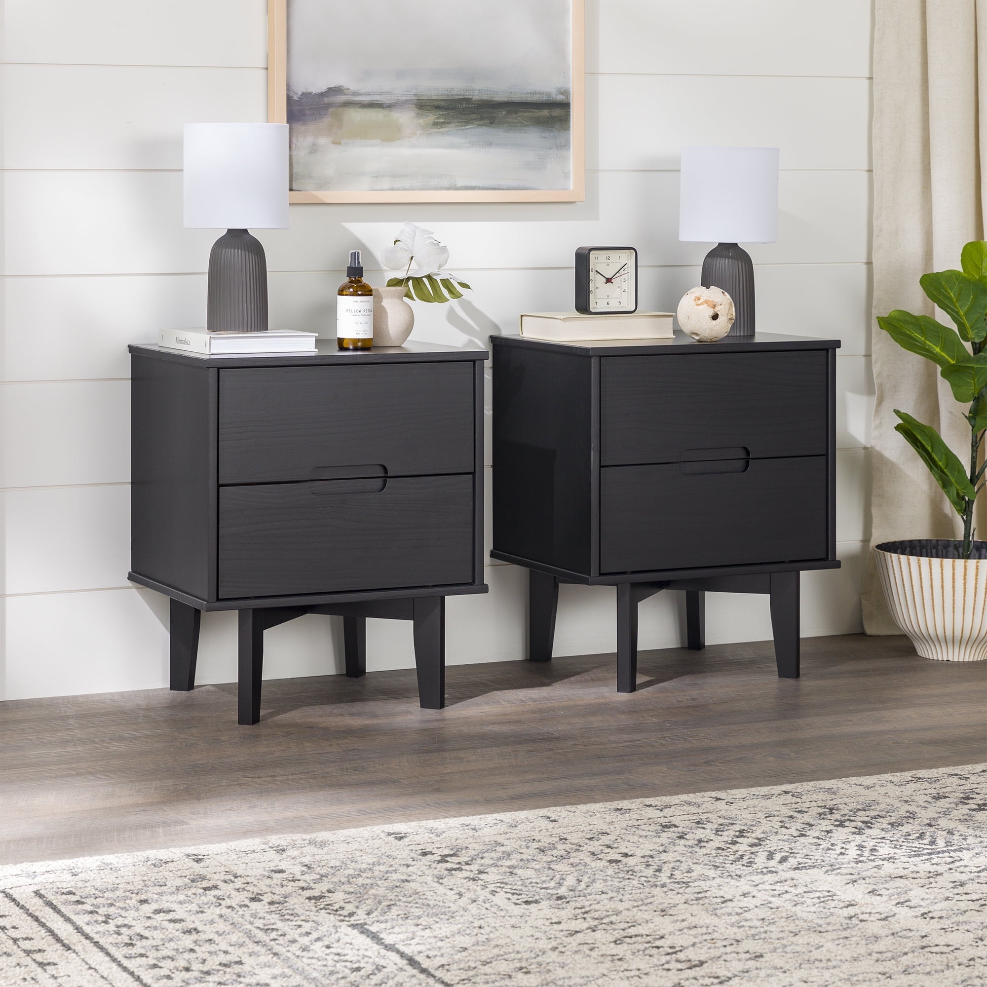 Walker Edison Set of 2 Mid-Century Modern 2-Drawer Nightstands, Black