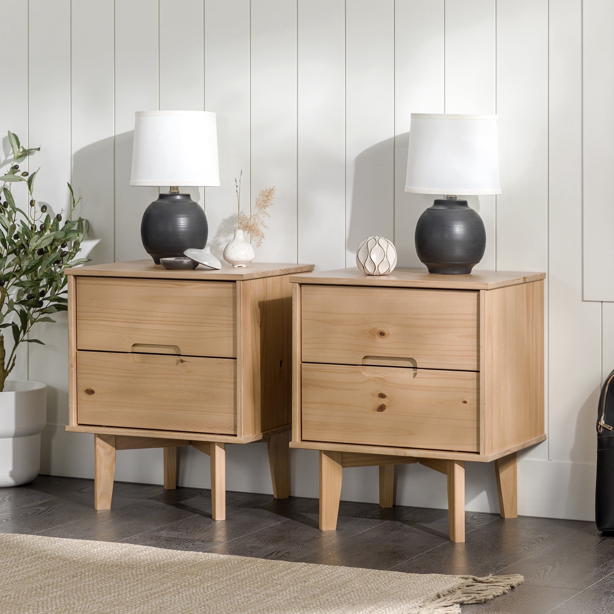 Walker Edison Set of 2 Mid-Century Modern 2-Drawer Nightstands, Natural Pine