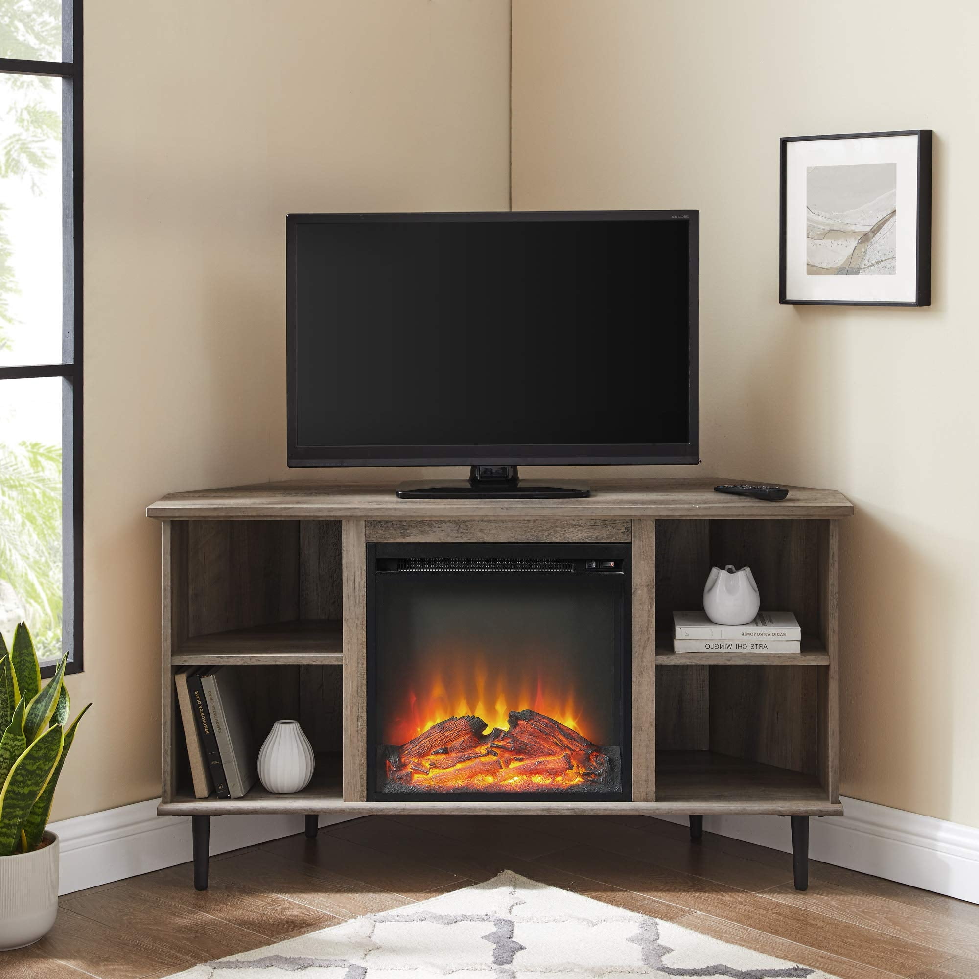 Walker Edison Simple Corner Fireplace TV Stand with Open Shelves for TV's  up to 52 Flat Screen Universal TV Console Living Room Shelves  Entertainment Center, 48 Inch, Grey Wash - Walmart.com