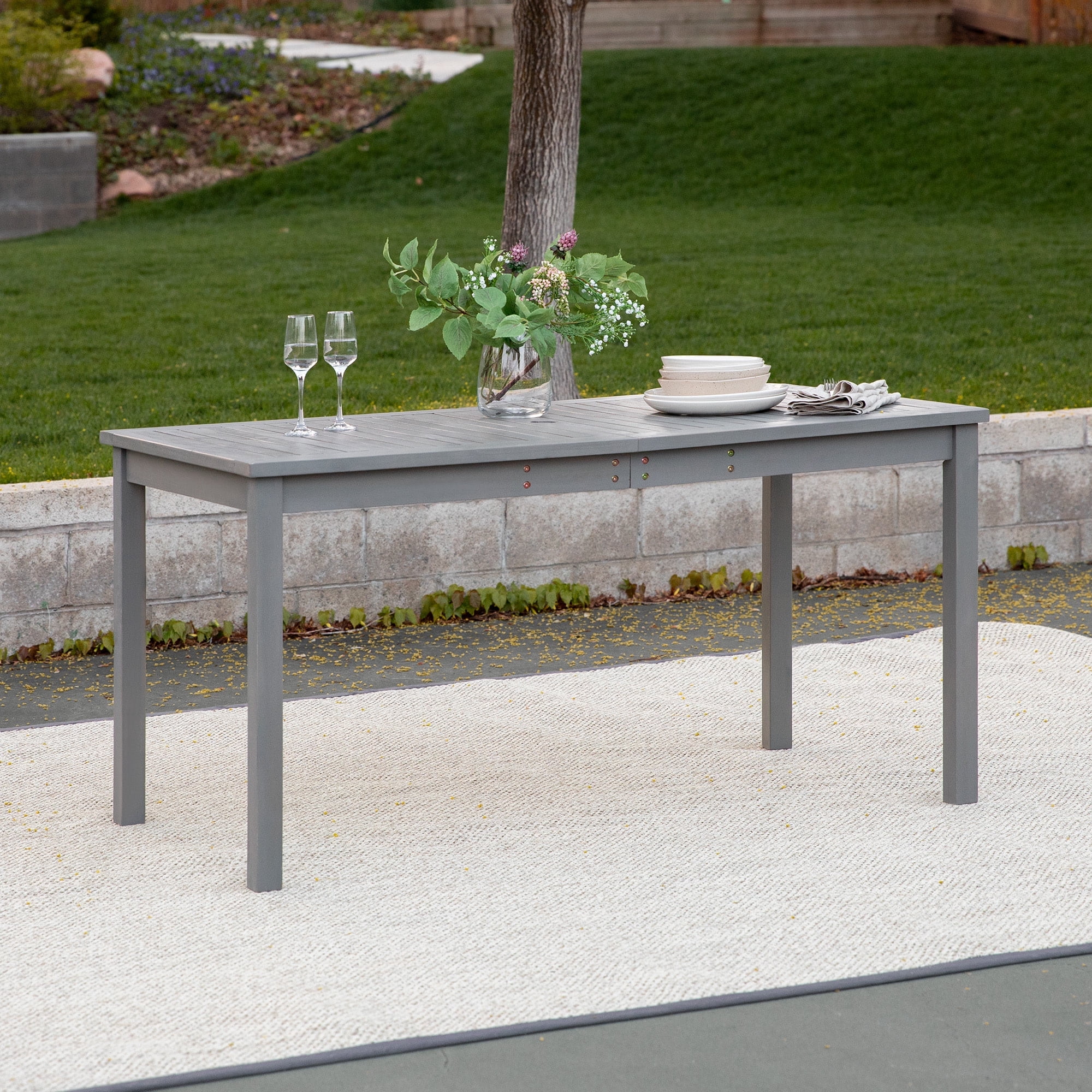 Gray Wash Acacia Wood Outdoor Dining Table with Slatted Surface