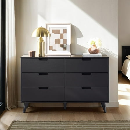Walker Edison Simple Wood 6 Drawer Dresser with Cut Out Handles - Black