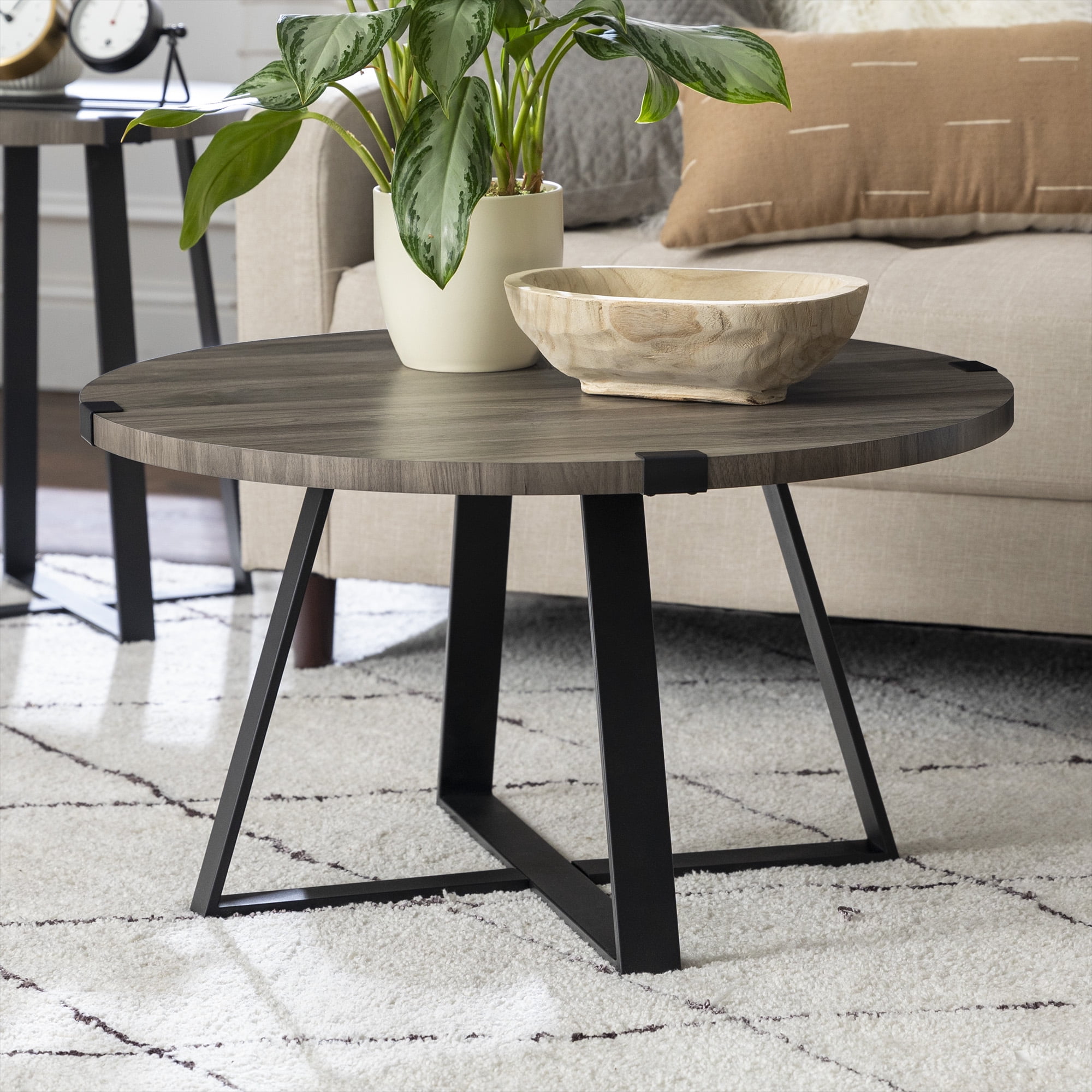 Free Shipping! Walker Edison Industrial Round Coffee Table, Slate Grey ...