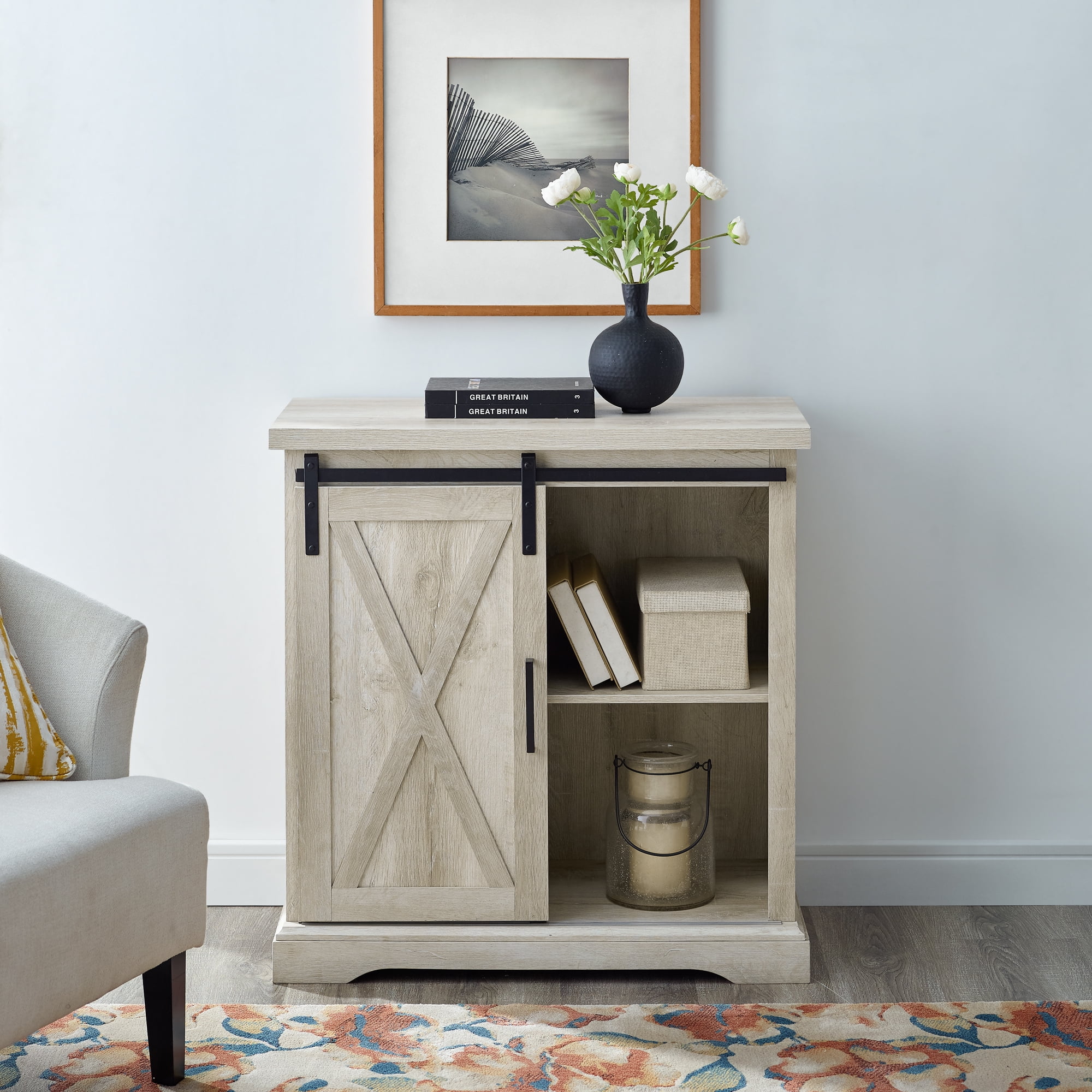Charming Beige 32" Farmhouse Sliding Barn Door Accent Console