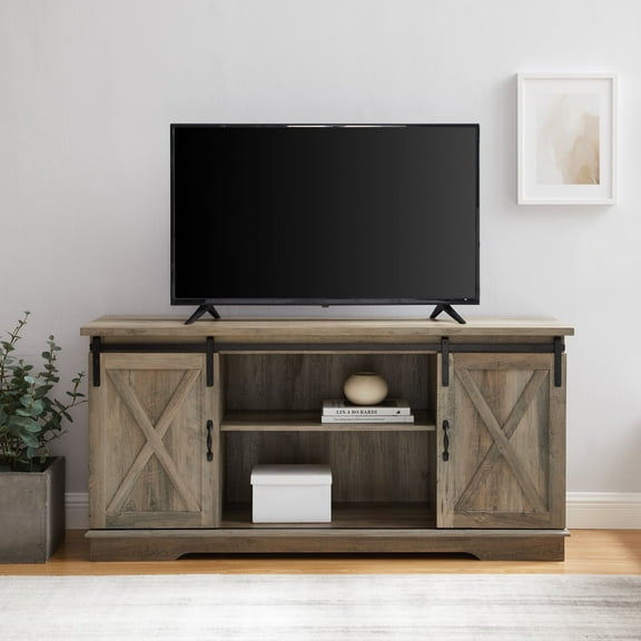 Walker Edison Sliding Farmhouse Barn Door TV Stand for TVs up to 65", Grey Wash