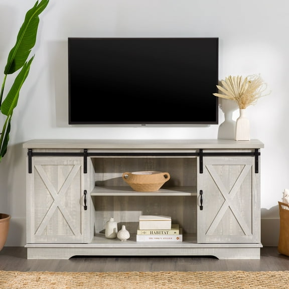 Walker Edison Sliding Farmhouse Barn Door TV Stand for TVs up to 65", Stone Grey