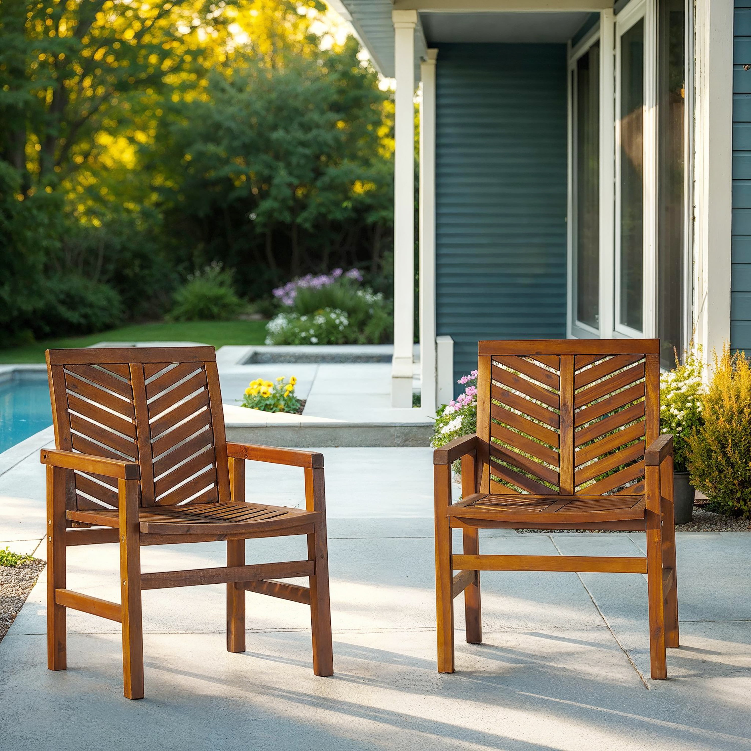Set of 2 Brown Chevron Slatted Acacia Wood Patio Chairs