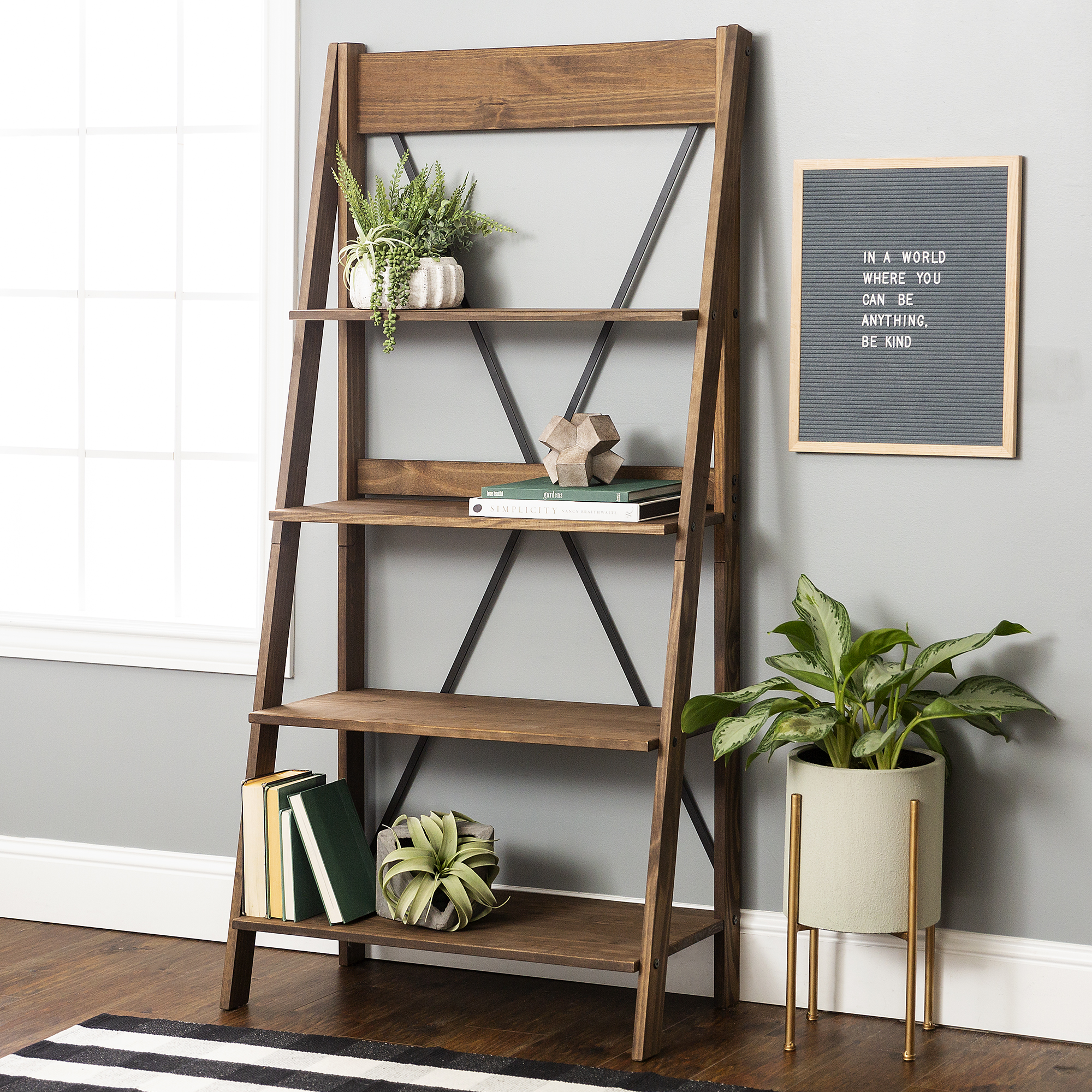 Walker Edison Solid Wood 4-Shelf Ladder Bookshelf, Brown - image 1 of 16