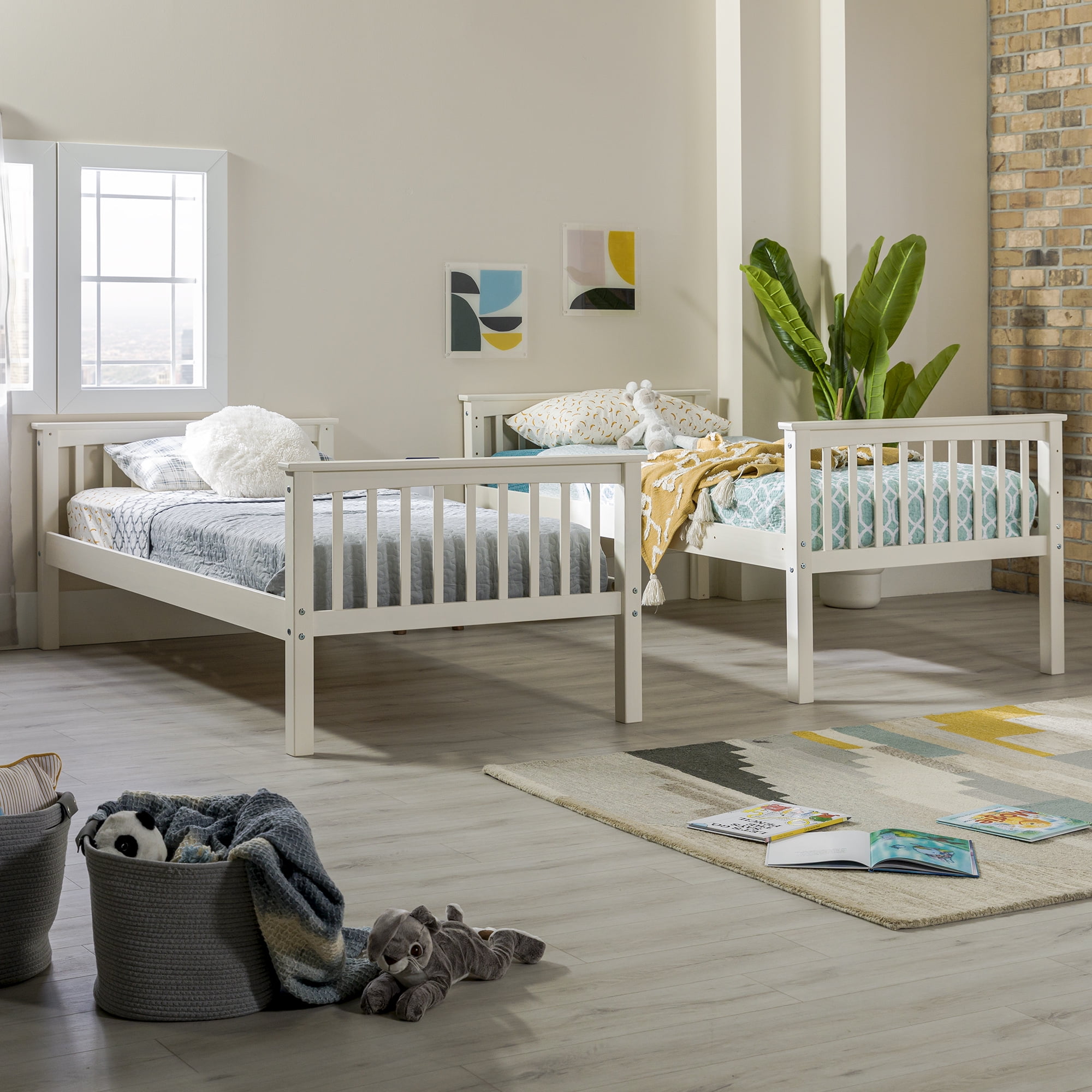 Walker Edison Solid Wood Twin Over Twin Mission Design Bunk Bed White