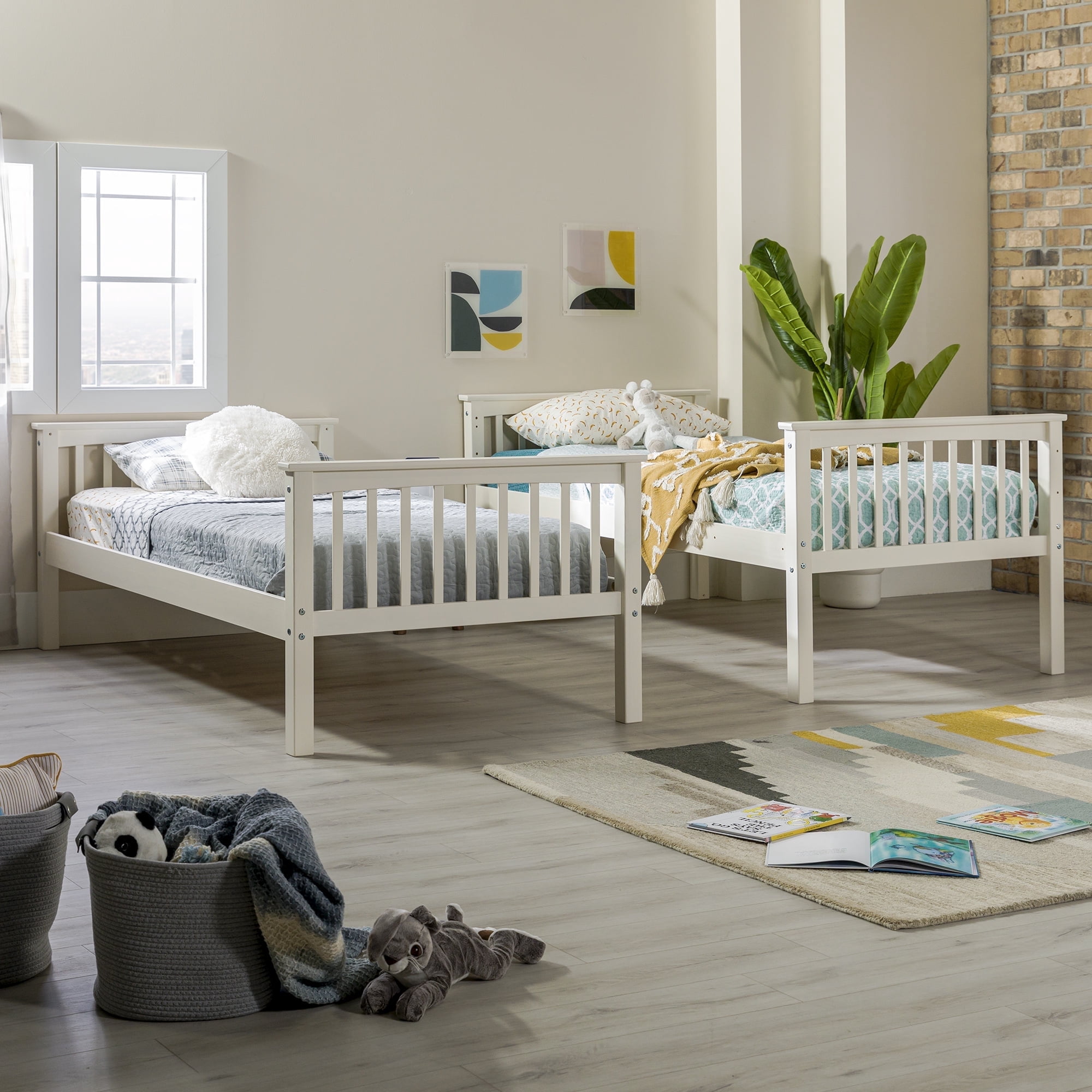 Walker Edison Solid Wood Twin Over Twin Mission Design Bunk Bed - White