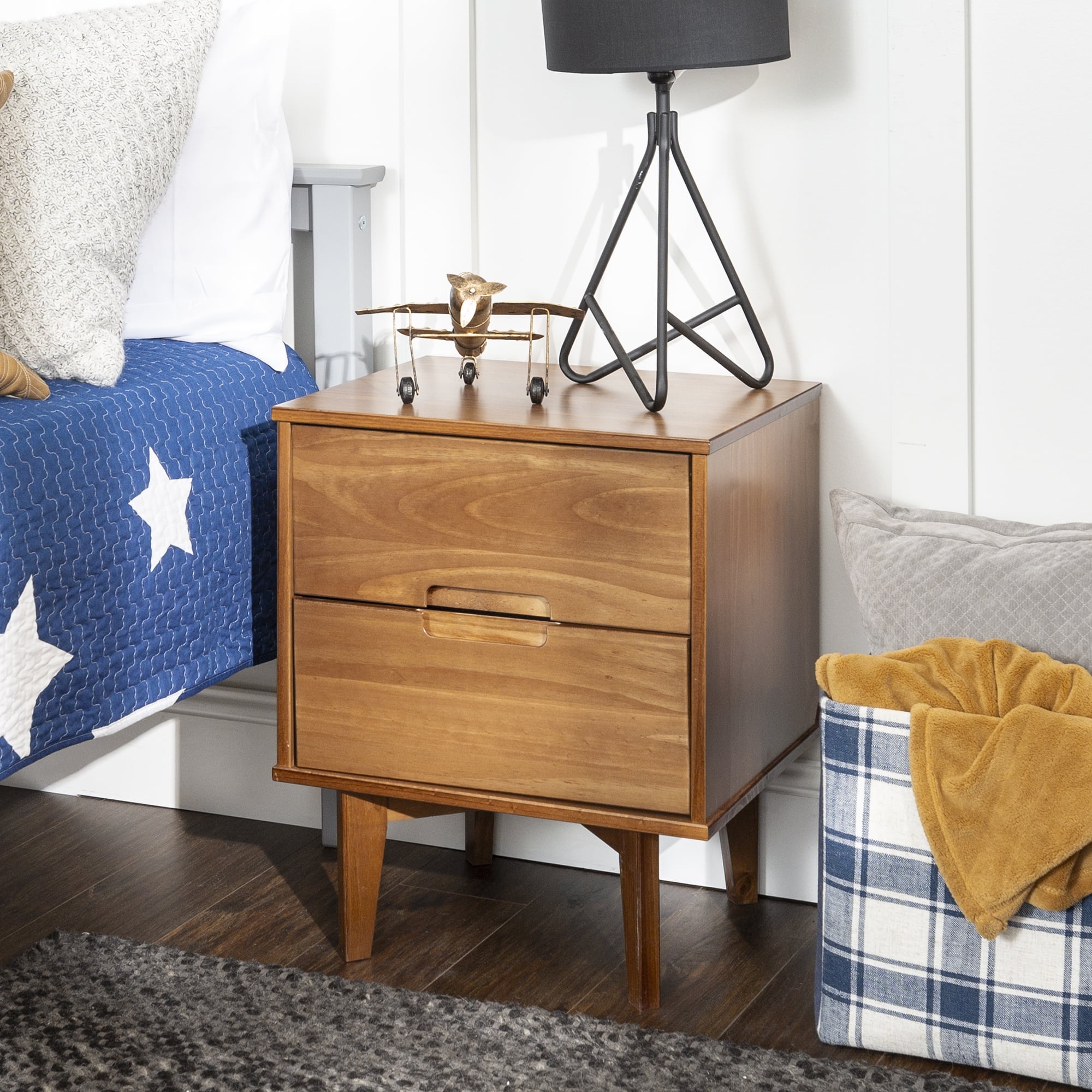 Caramel Solid Pine Mid-Century Modern Nightstand with Cutout Handles