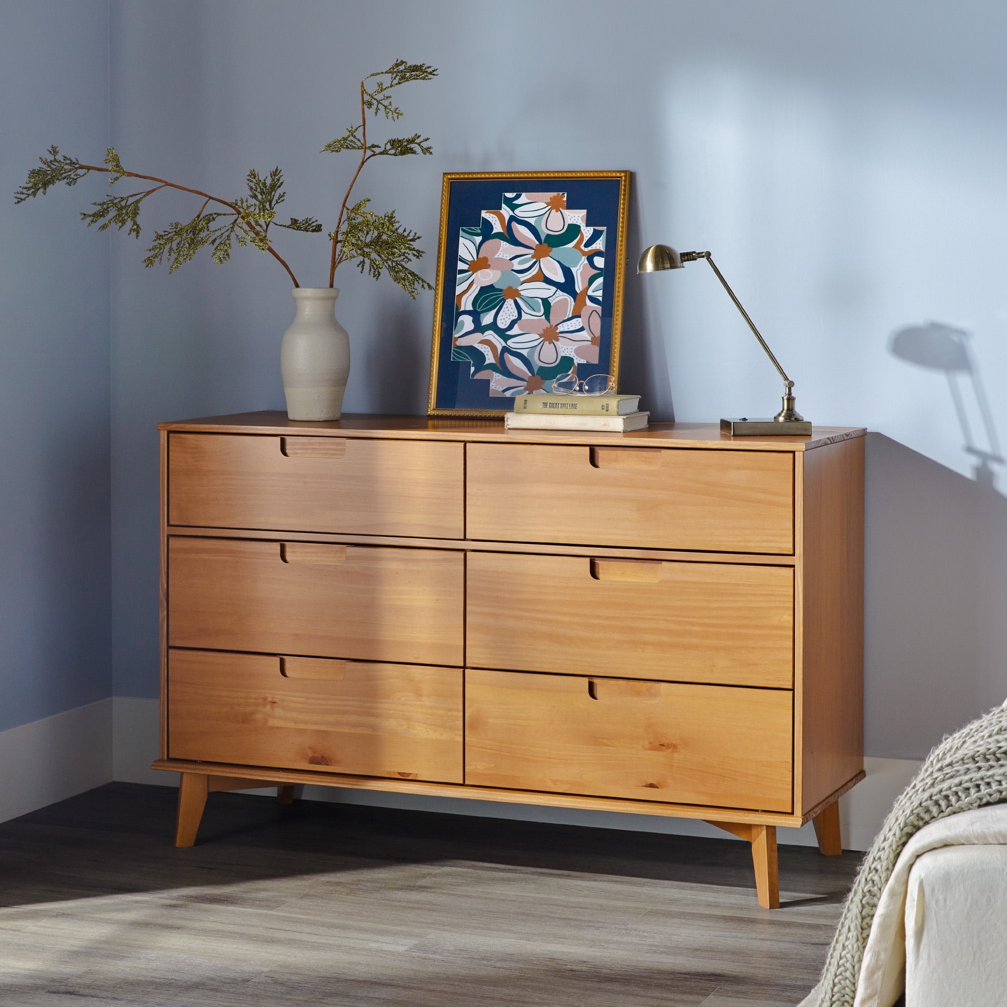 Caramel Mid-Century Modern Solid Wood 6-Drawer Dresser