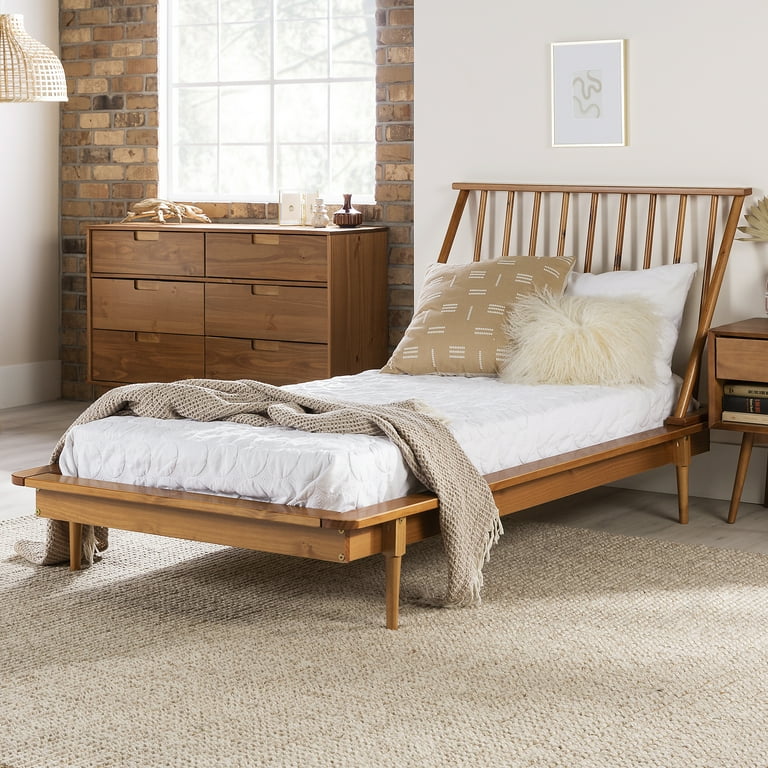 Walker Edison Spindle Headboard Twin Platform Bedframe Caramel