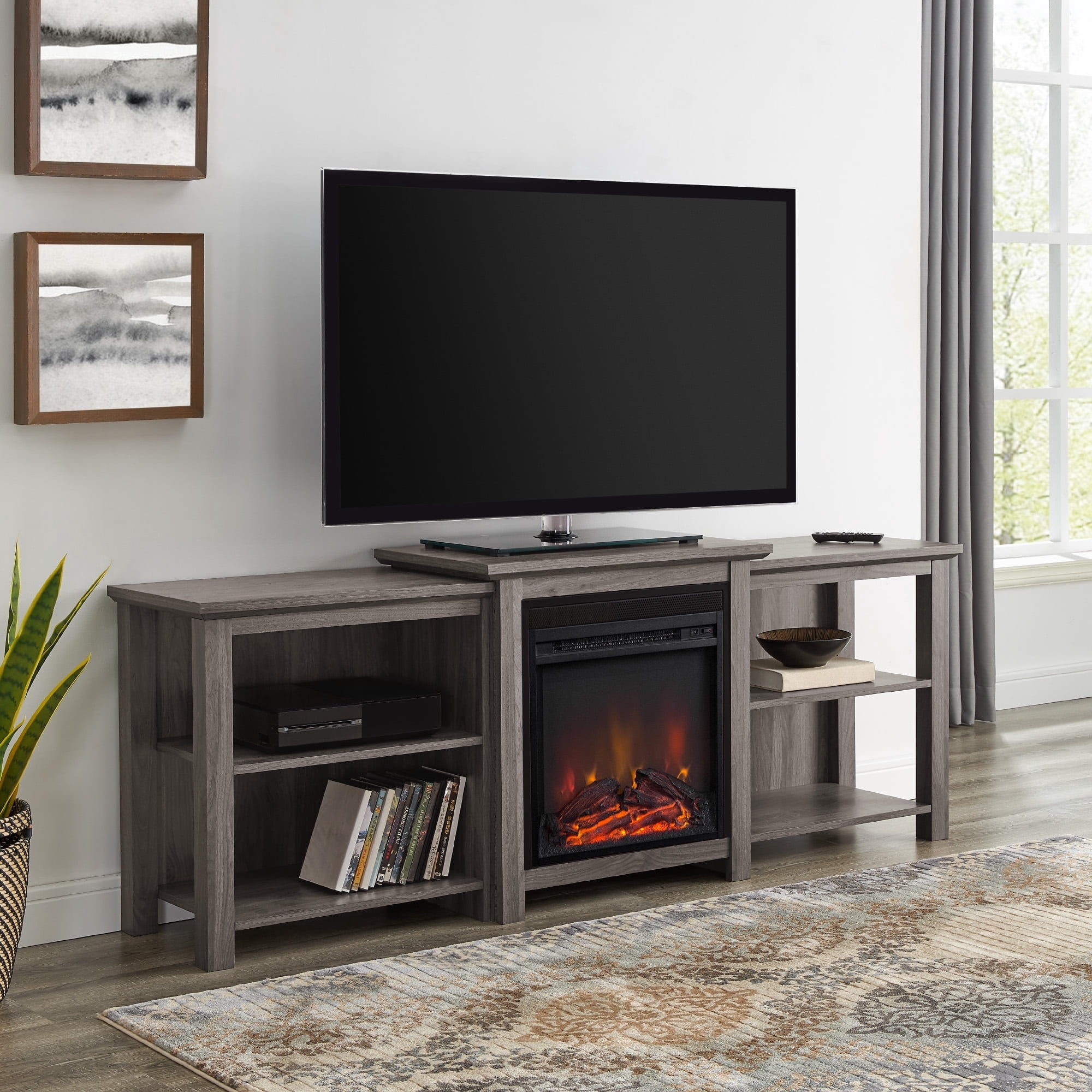 Walker Edison Tiered Fireplace TV Stand For TVs up to 80", Slate Grey