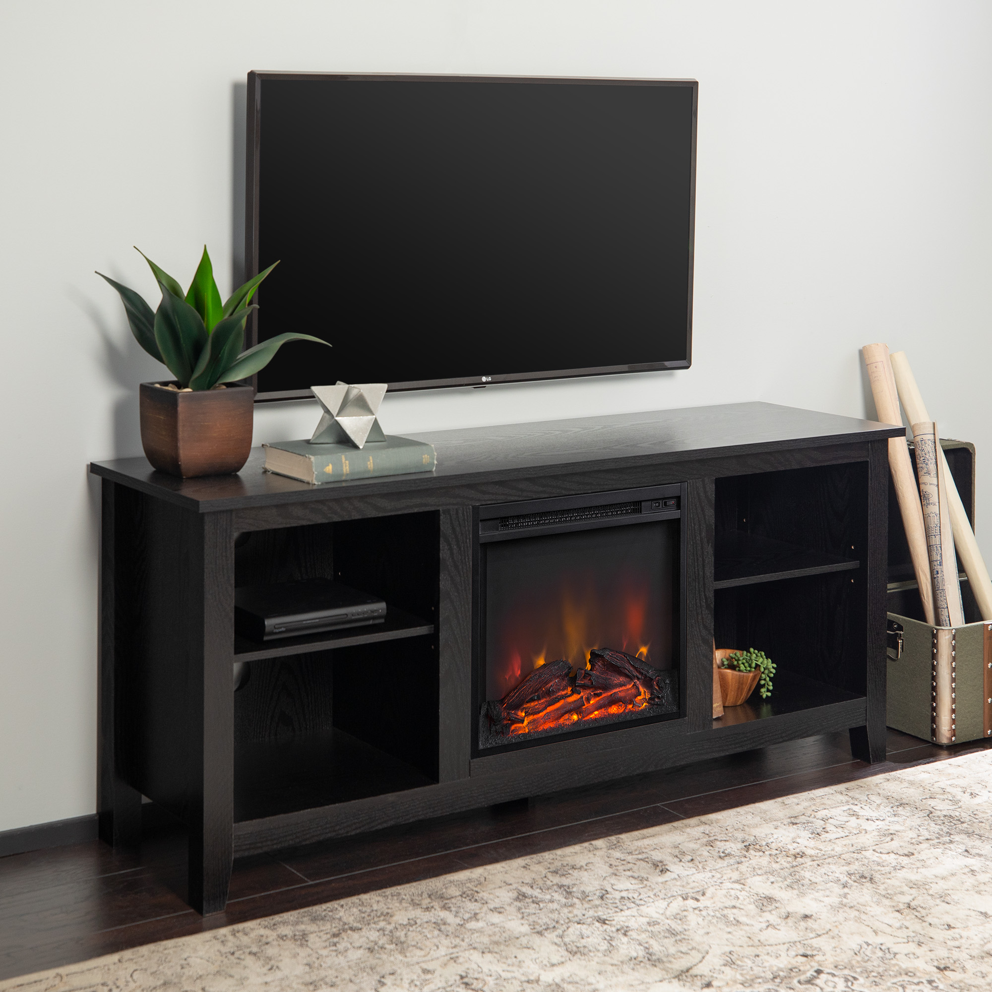 Walker Edison Traditional Fireplace TV Stand for TVs Up to 64" - Black - image 1 of 9