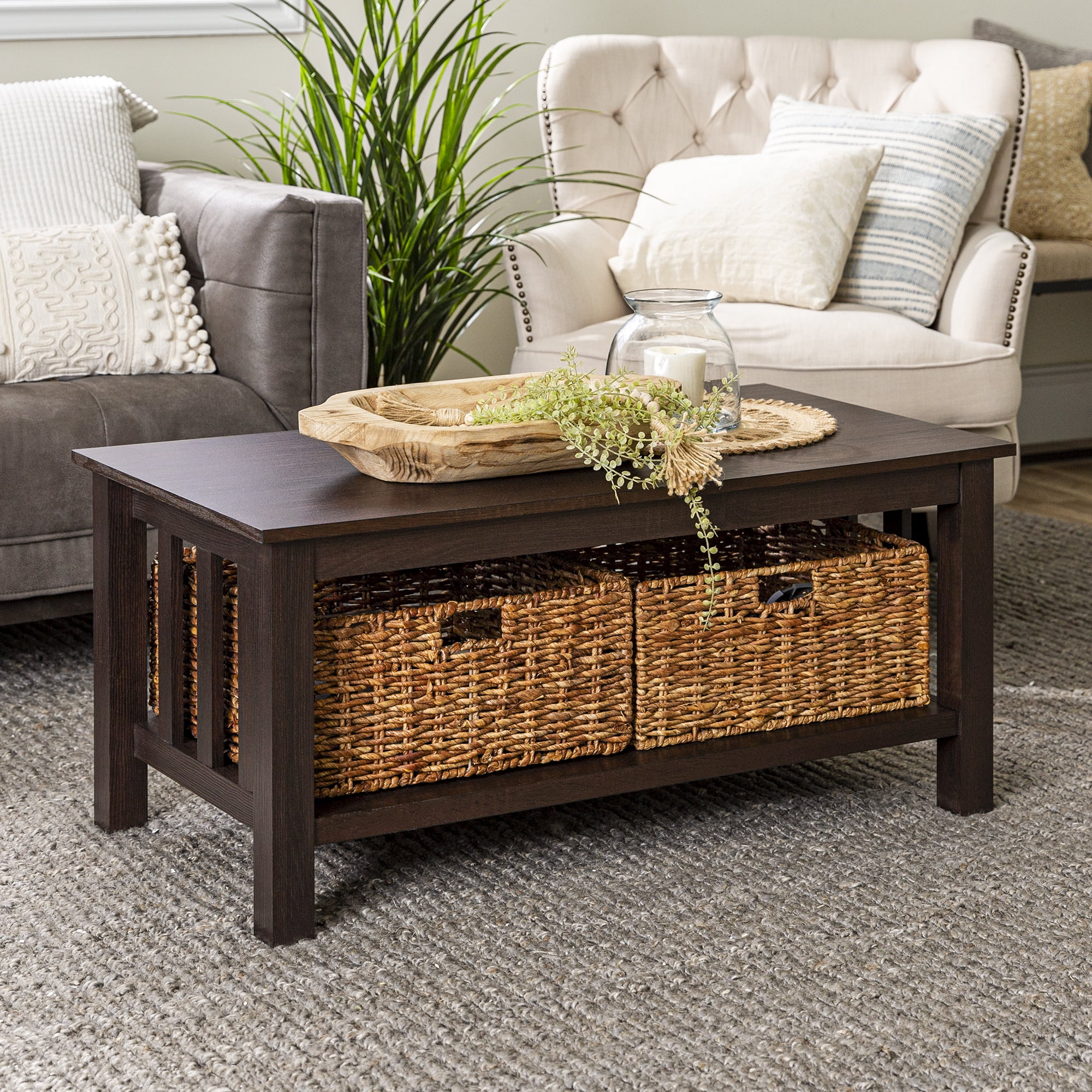 WOVEN PATHS Walker Edison Traditional Storage Coffee Table with Bins, Espresso