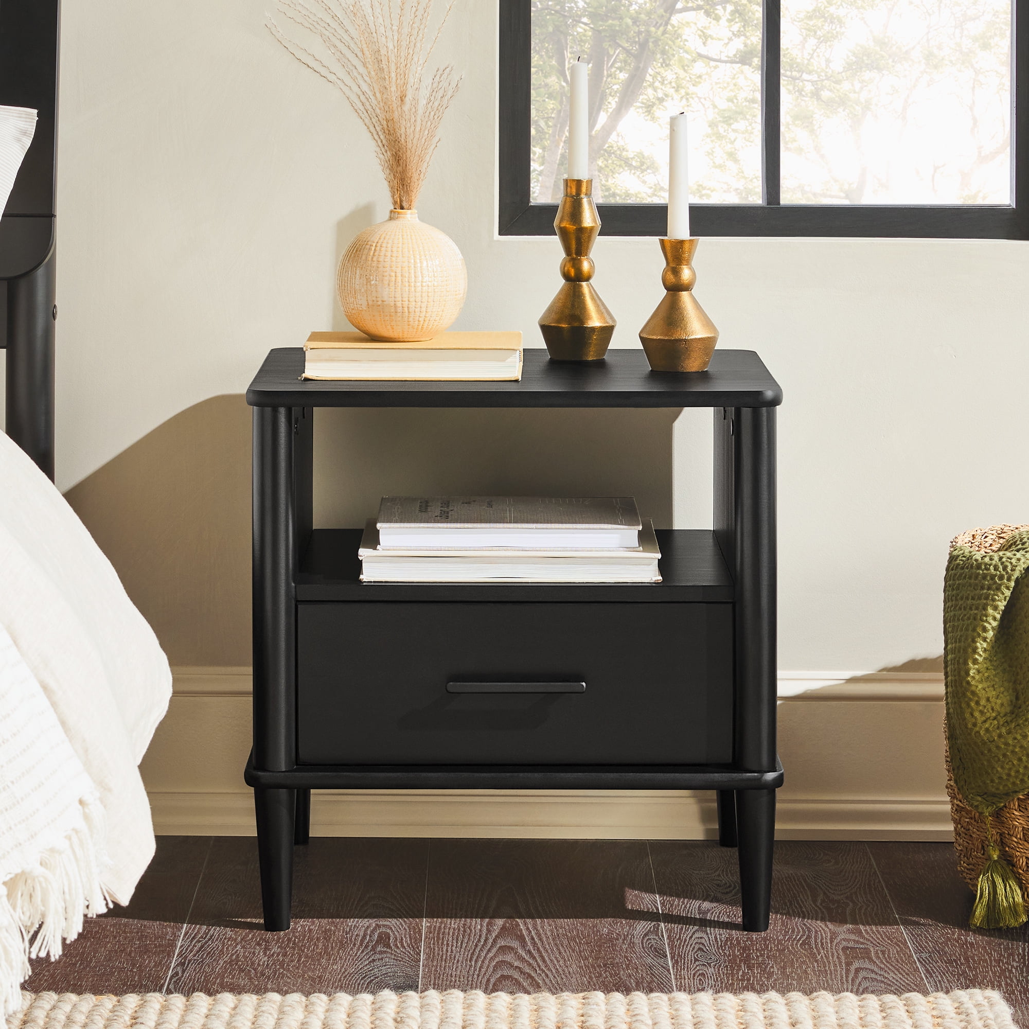 Walker Edison Transitional 1-Drawer Spindle-Leg Nightstand, Black