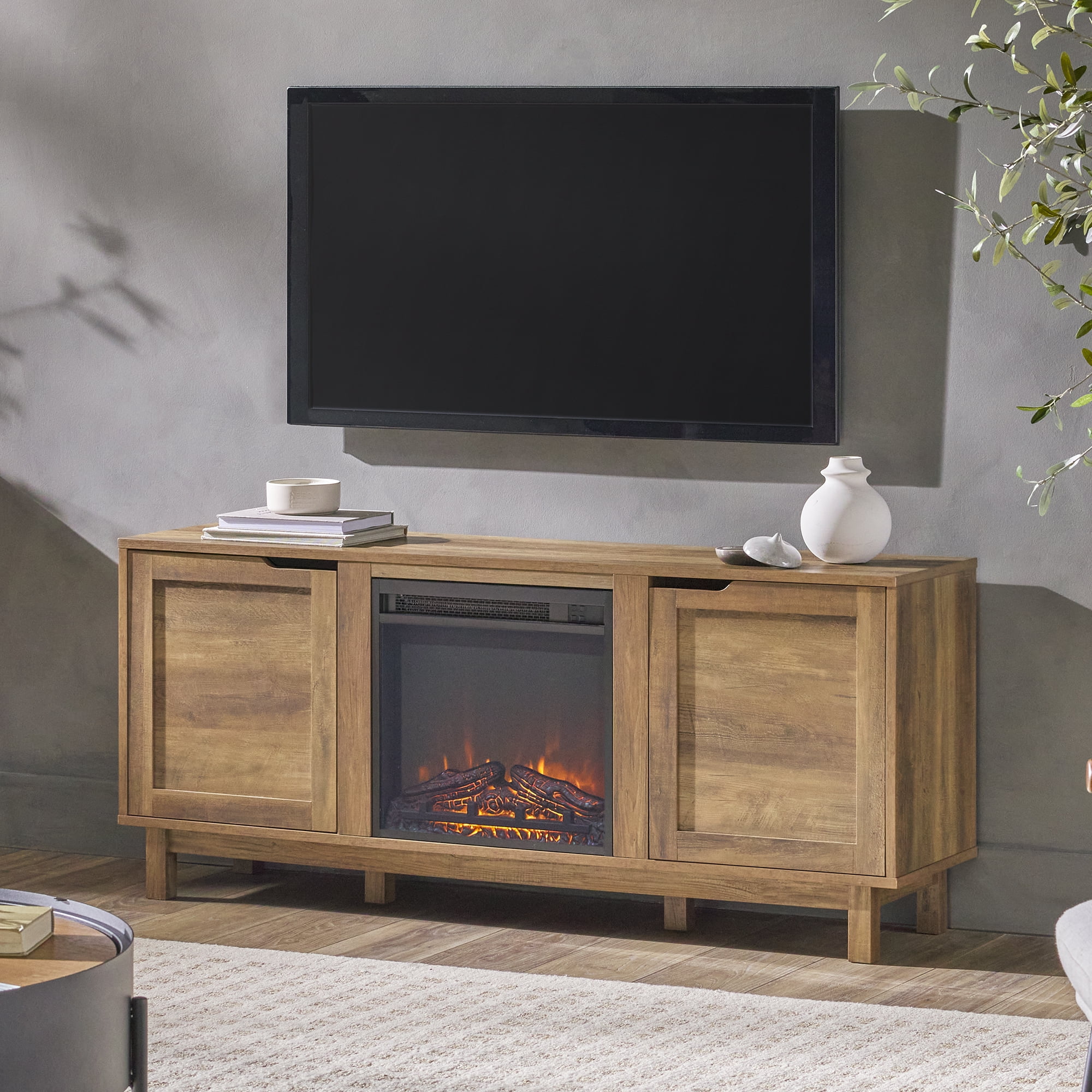 Walker Edison Transitional 2-Door Fireplace TV Stand for TVs up to