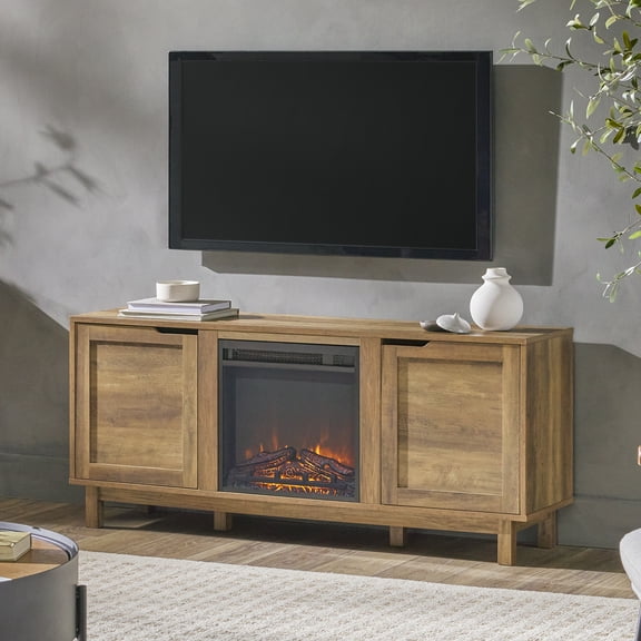 Walker Edison Transitional 2-Door Fireplace TV Stand for TVs up to 65”, Reclaimed Barnwood