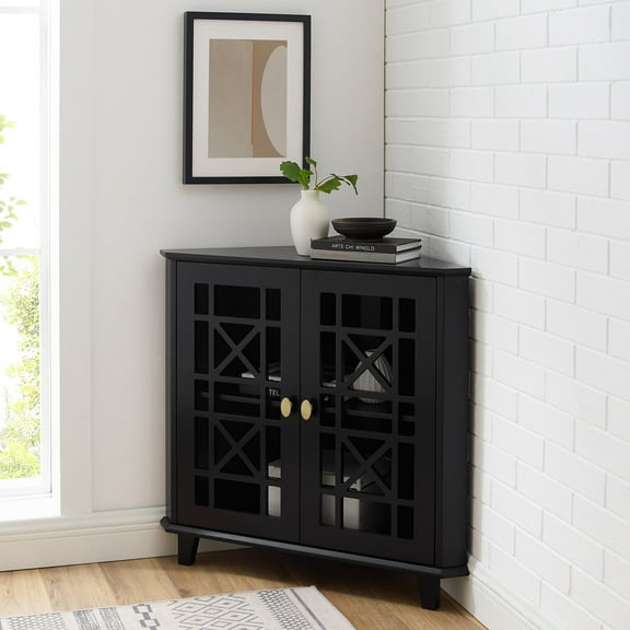 Walker Edison Transitional Fretwork Doors Corner Accent Cabinet, Black