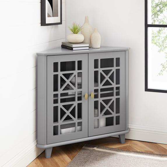 Walker Edison Transitional Fretwork Doors Corner Accent Cabinet, Grey
