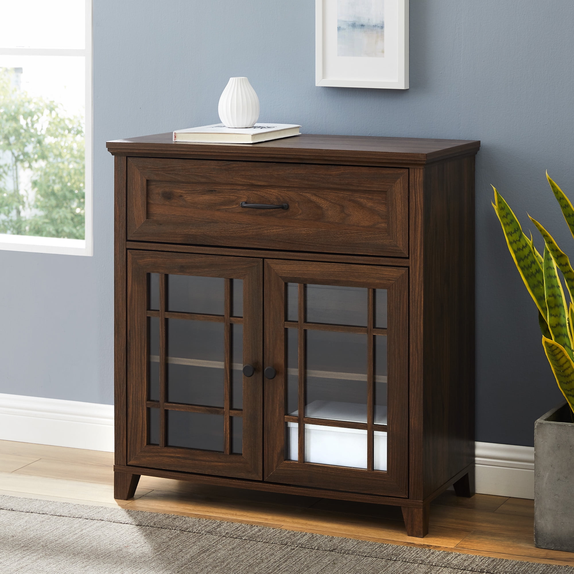 Walker Edison Transitional Glass Door Accent Cabinet Dark Walnut