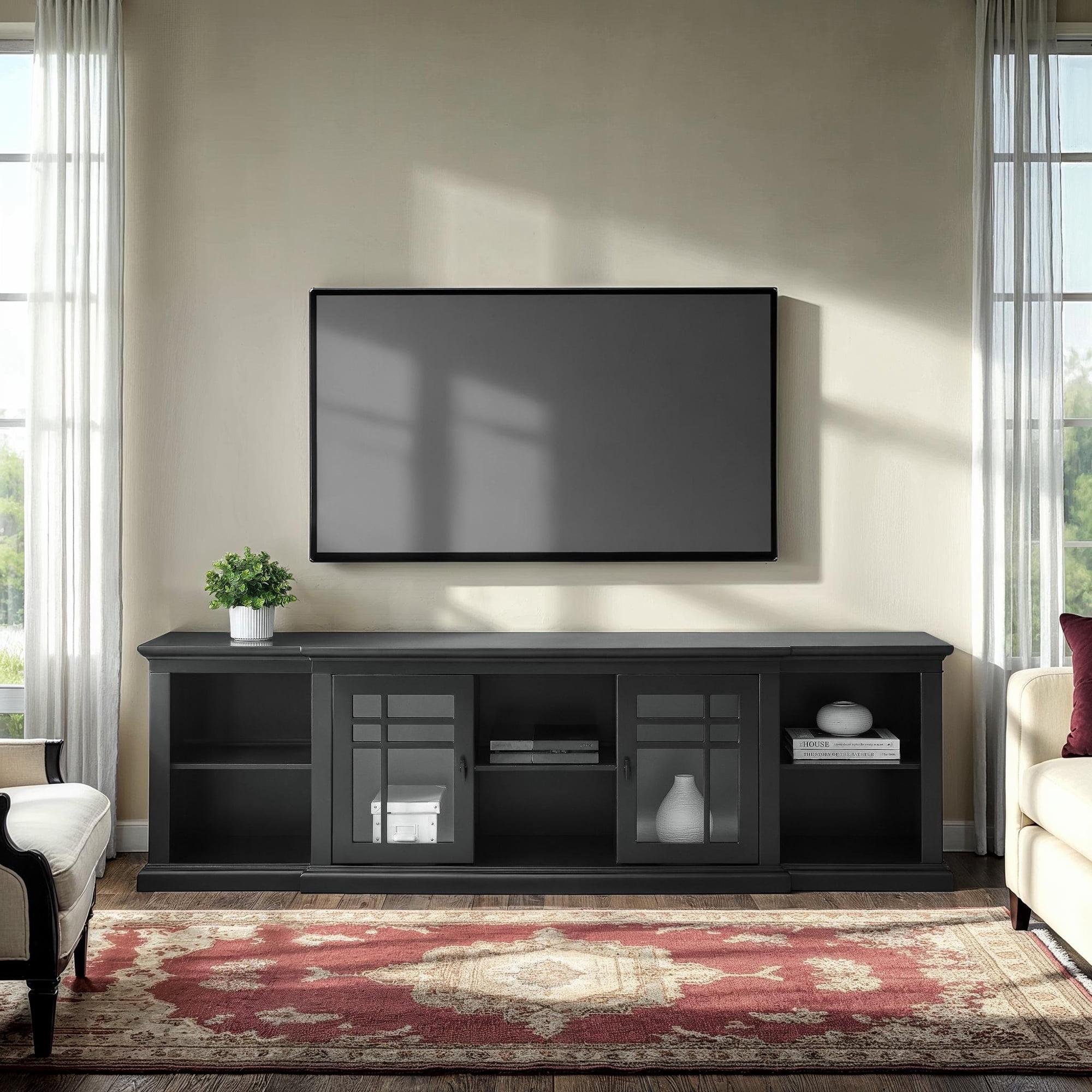 Black Glass-Door TV Stand with Adjustable Shelves