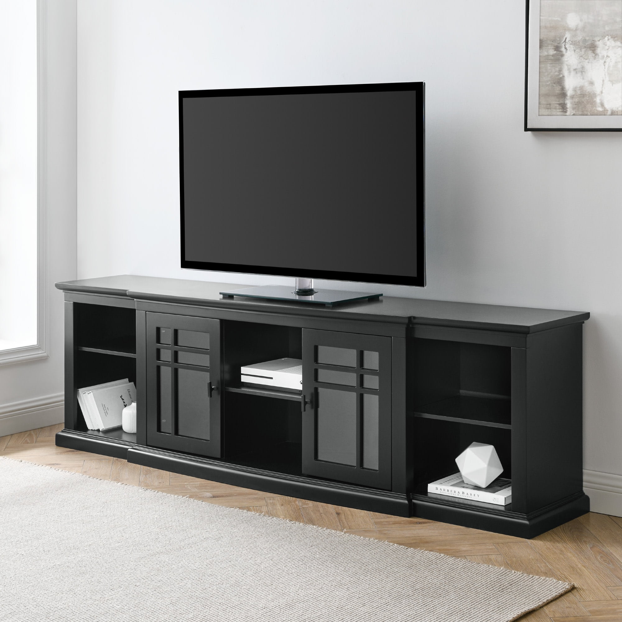 Black Glass-Door TV Stand with Adjustable Shelves