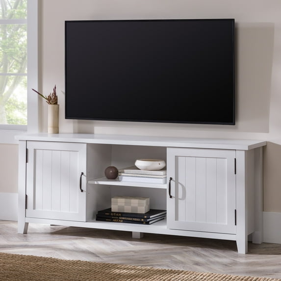 Walker Edison Transitional Grooved-Door TV Stand for TVs up to 65”, White