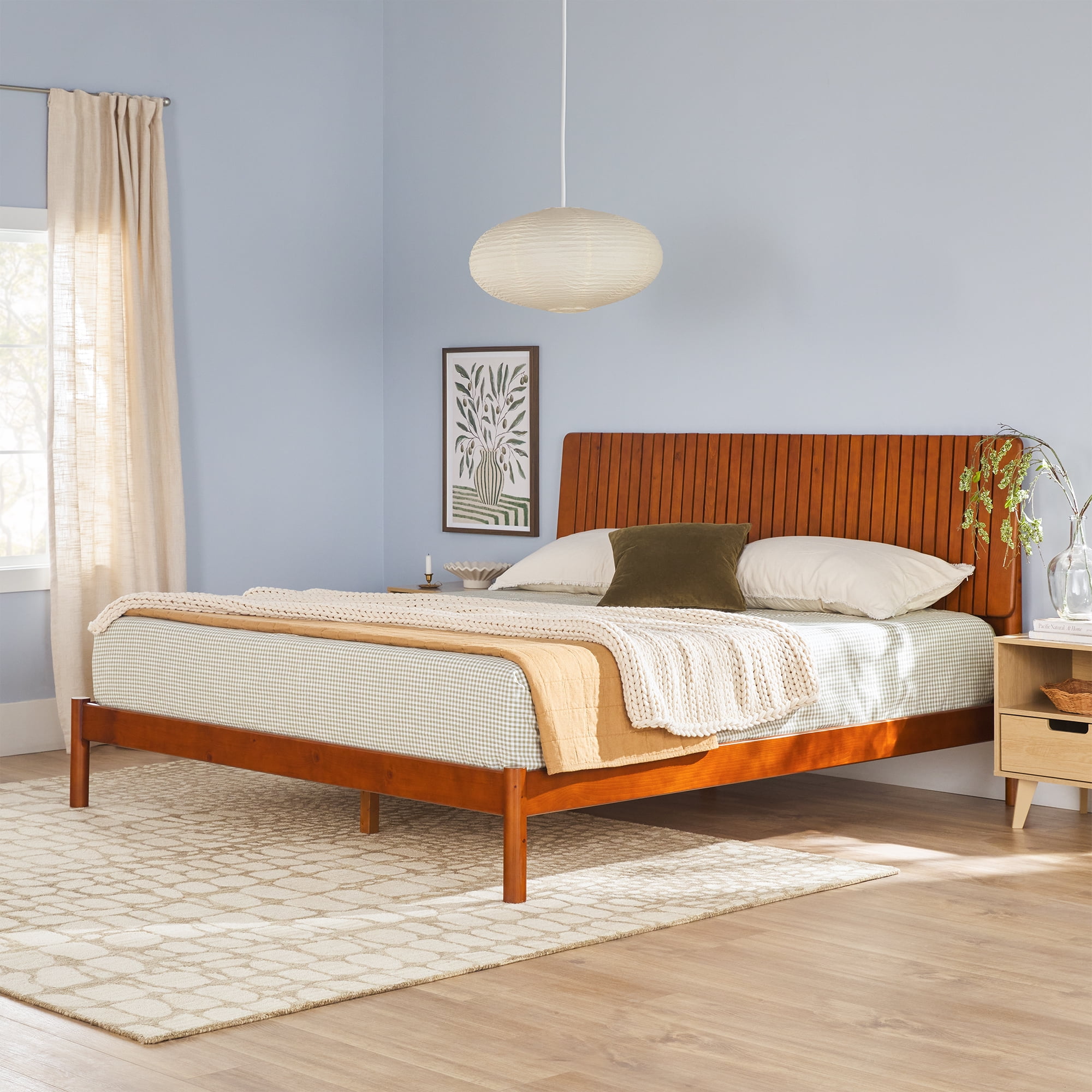 King Brown Pine Wood Upholstered Platform Bed with Slats