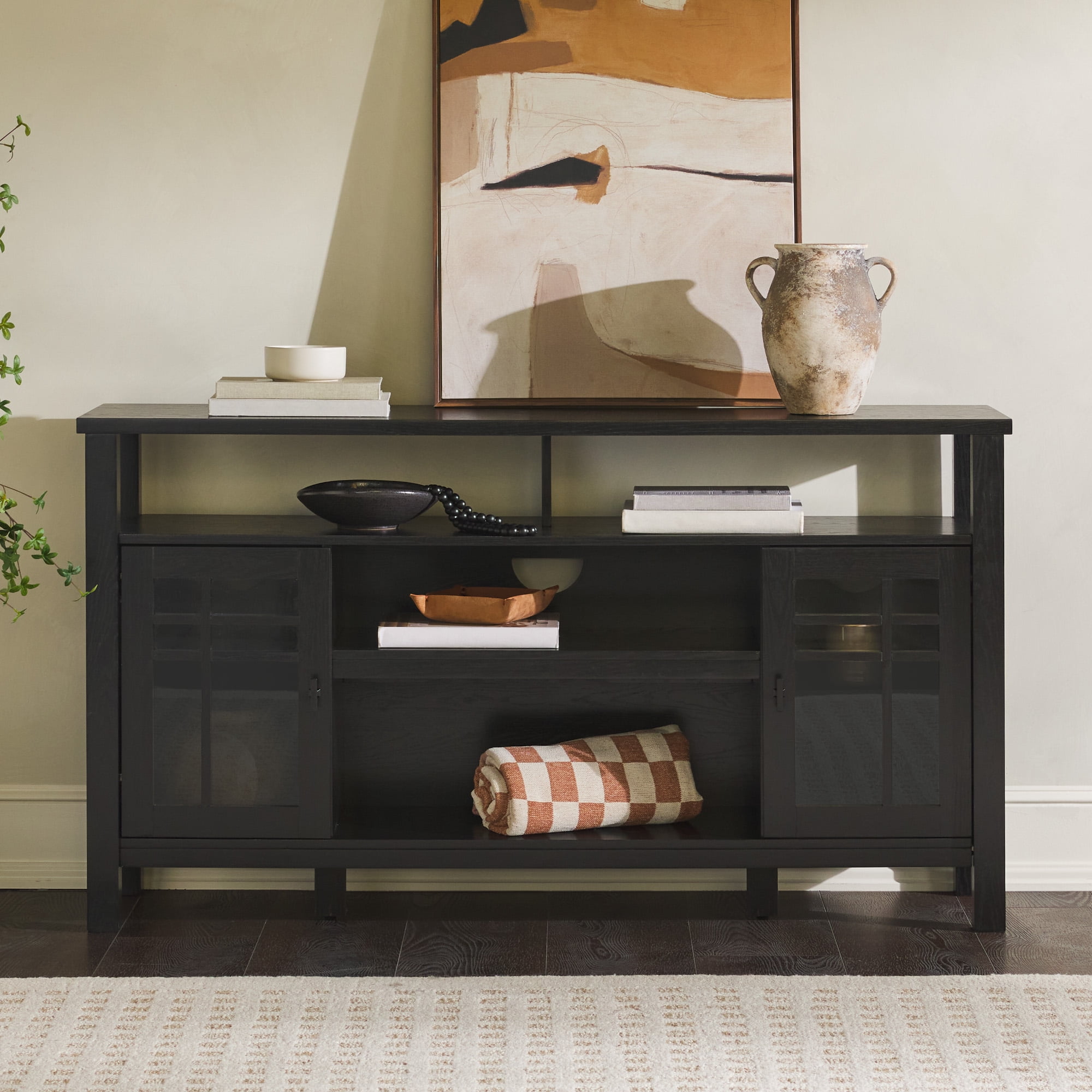 Black 58" Transitional Sideboard with Glass Doors and Open Shelves